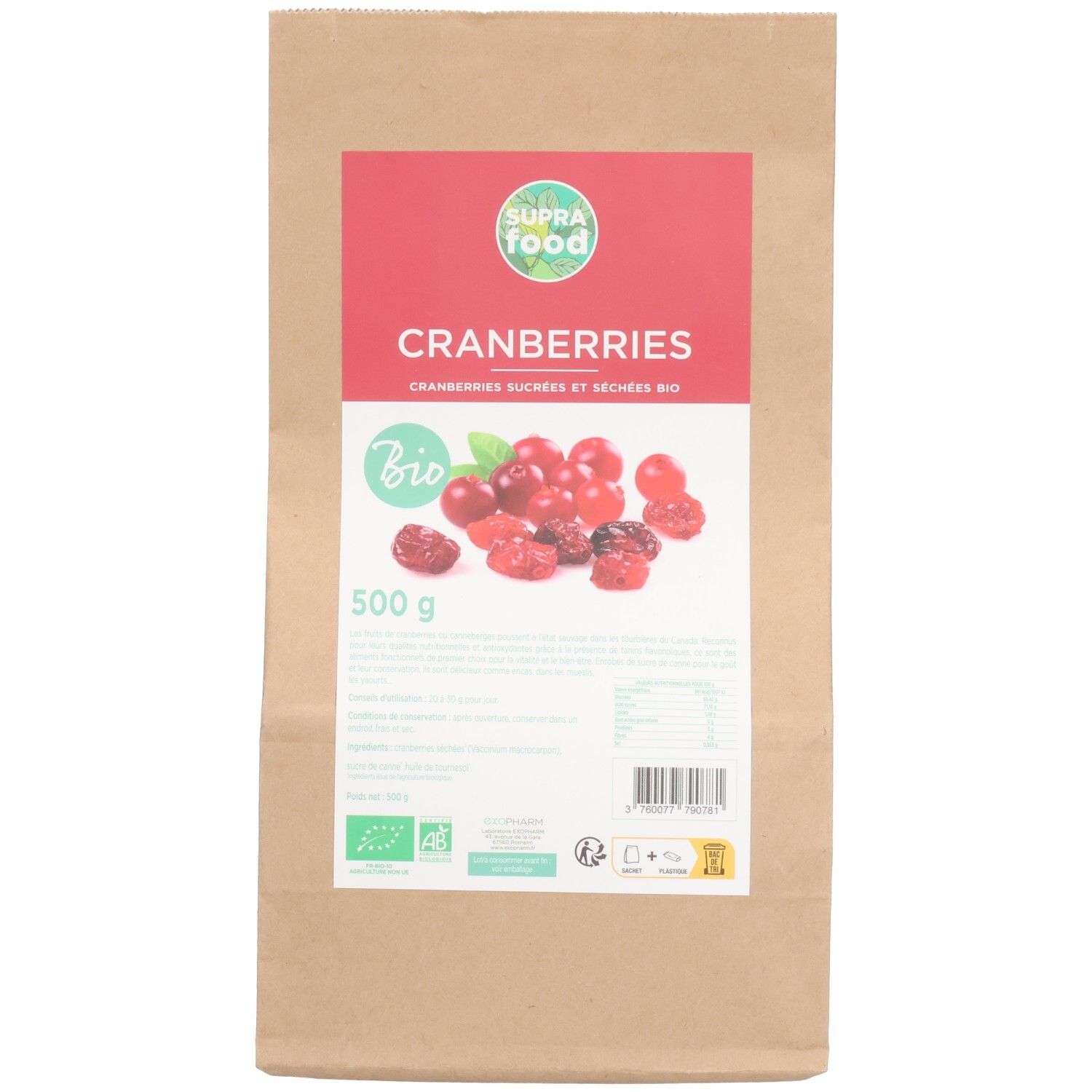 Sachet de SUPRAFOOD CRANBERRIES BIO. Impression rouge avec nom du produit et illustration de cranberries. Label bio et indication 500g.