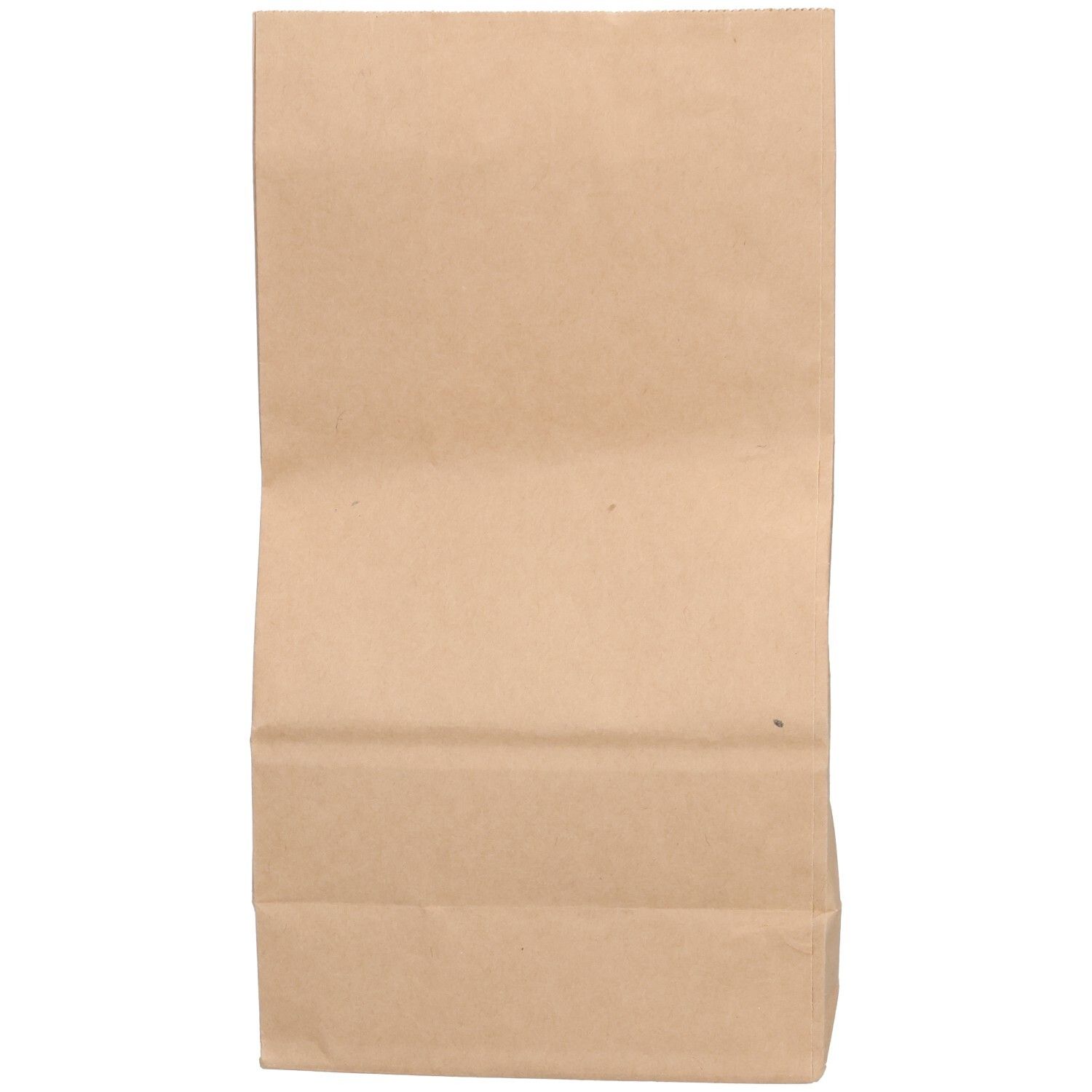 Sac en papier brun vide. Face avant avec plis. Partie inférieure pliée.