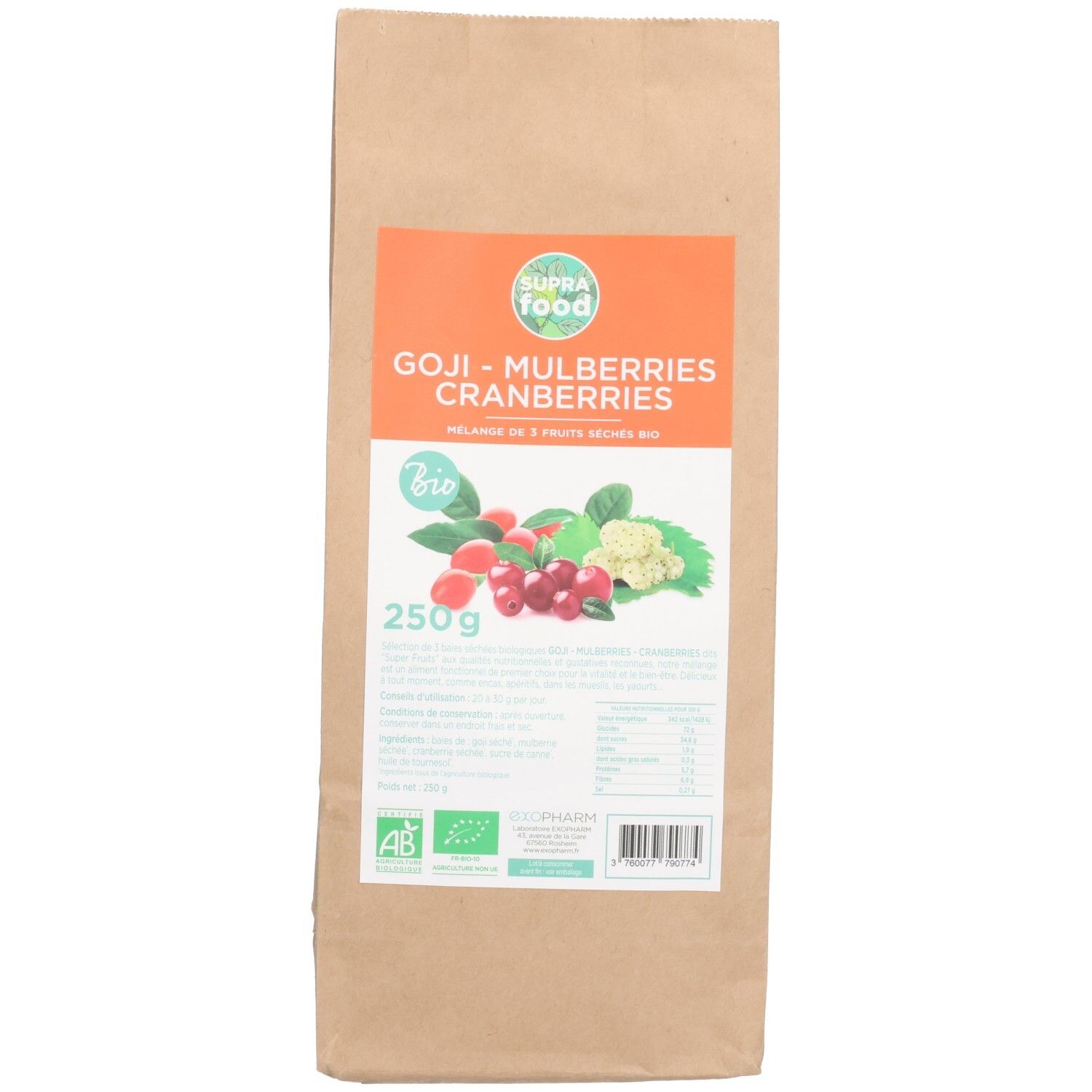Sachet en papier brun avec étiquette. Nom du produit, ingrédients et label bio. Paquet de 250g.