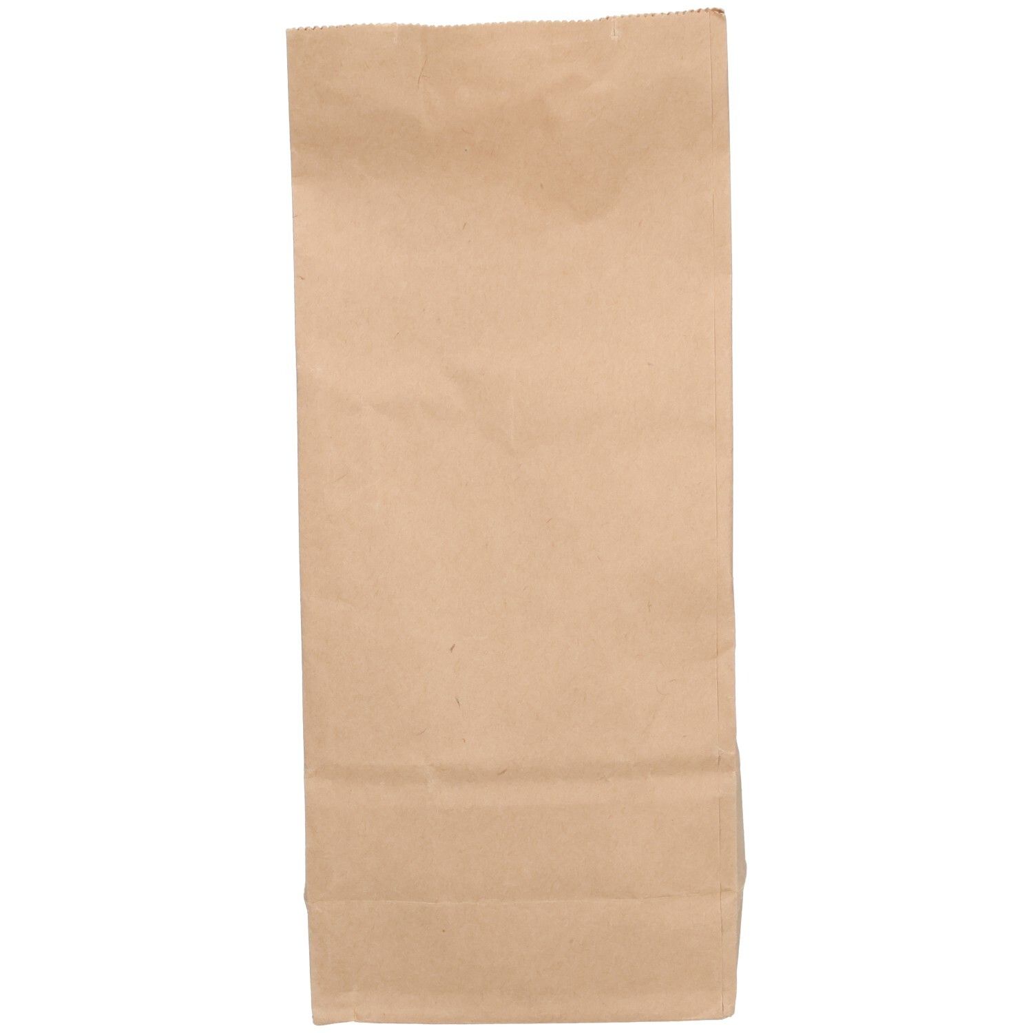 Sachet en papier brun, rectangulaire, vide. Face avant avec plis. Fond blanc.