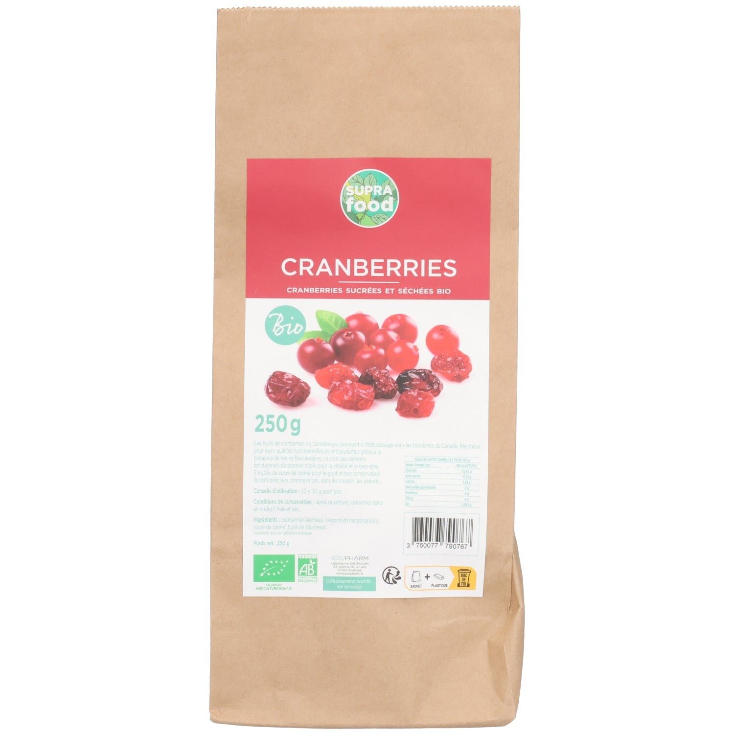 Sachet de cranberries. Étiquette rouge avec nom du produit, marque et label bio. 250g.