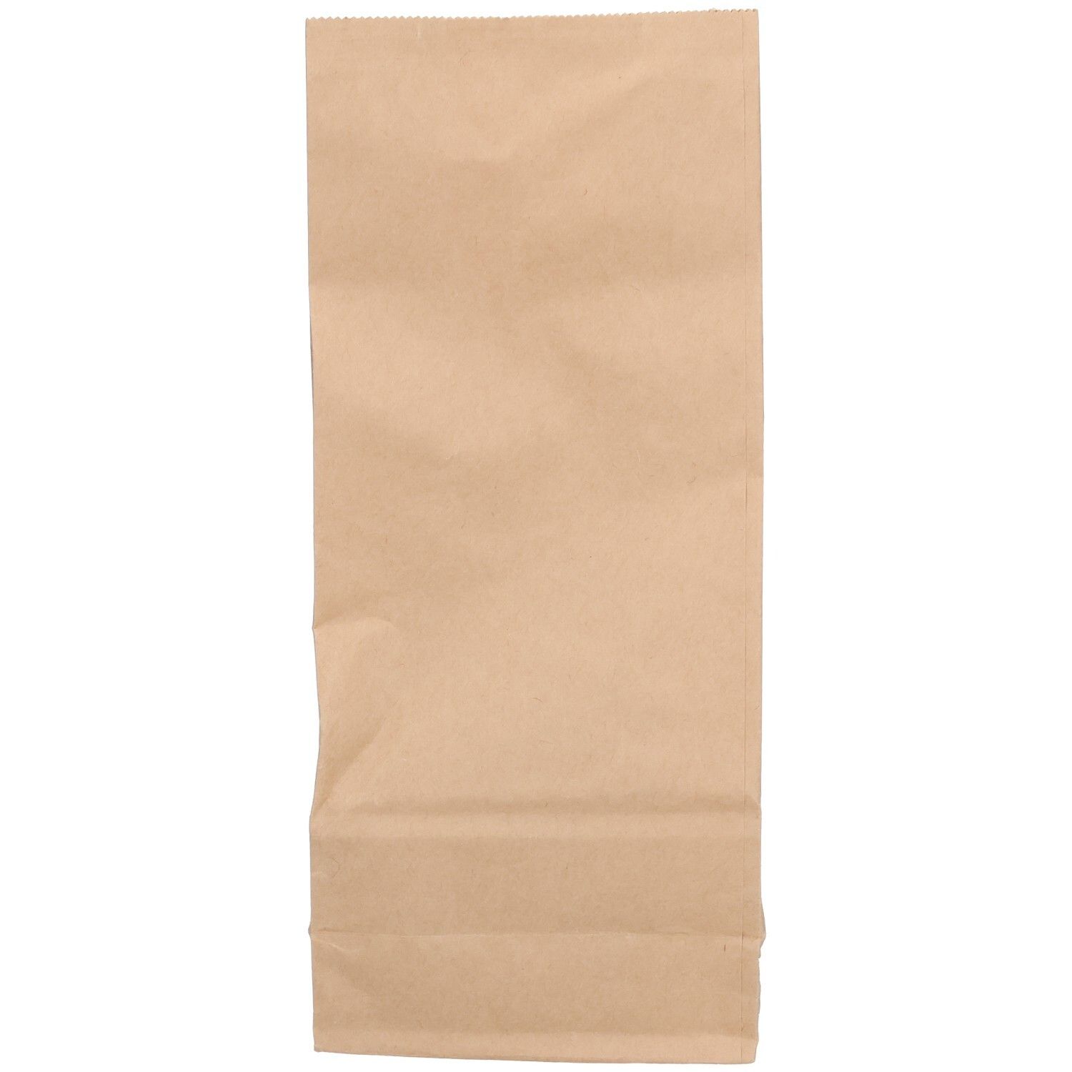 Sachet en papier brun, vide, avec plis. Vue de face.
