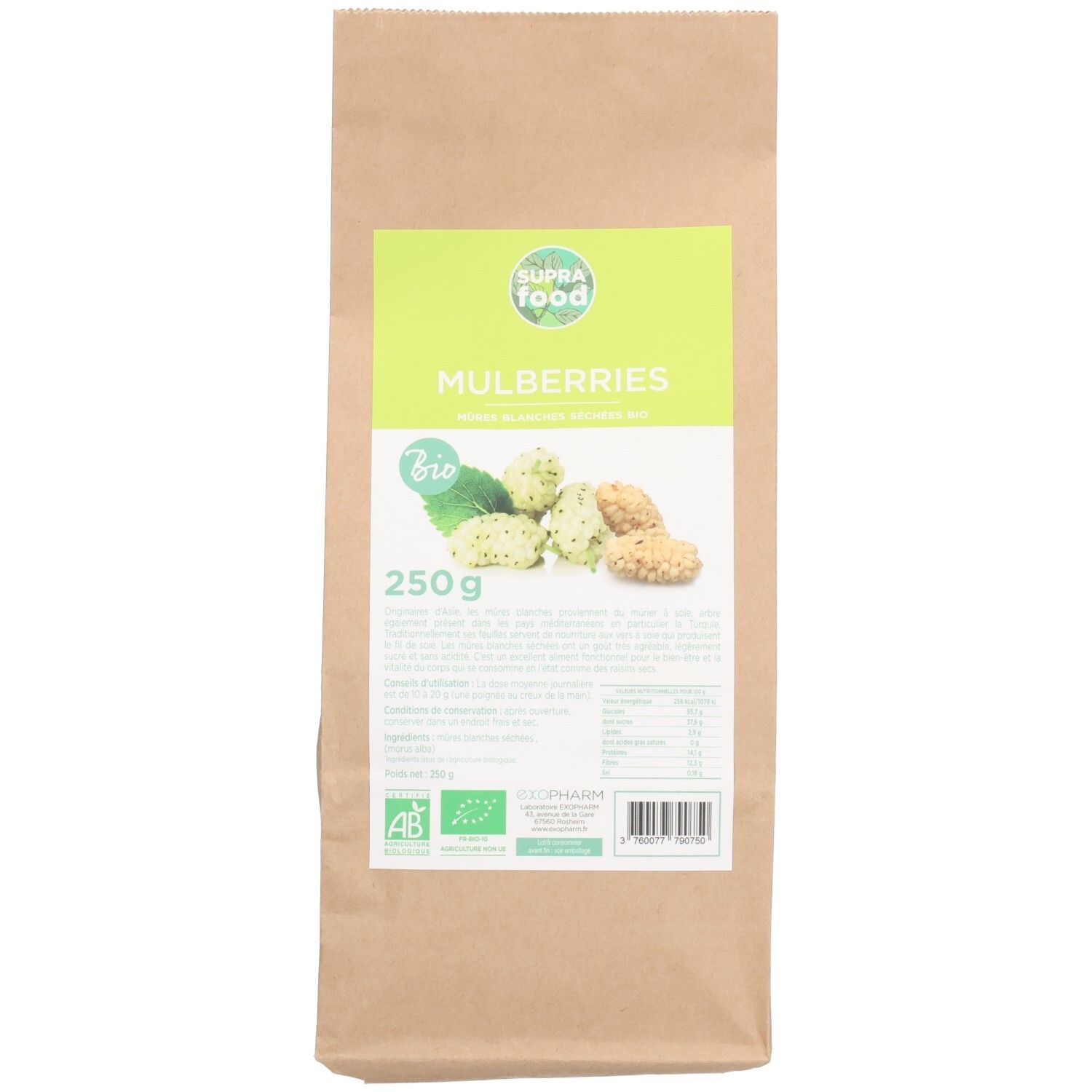 Sachet de SUPRAFOOD MULBERRIES BIO. Inscription : 250g, label bio, texte vert. Mûres séchées représentées.