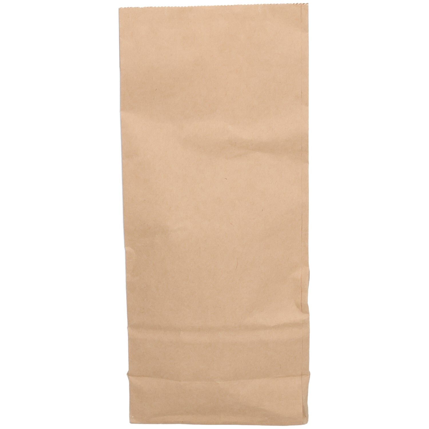 Sac en papier brun, vide, rectangulaire, allongé. Haut ouvert, bas plié.
