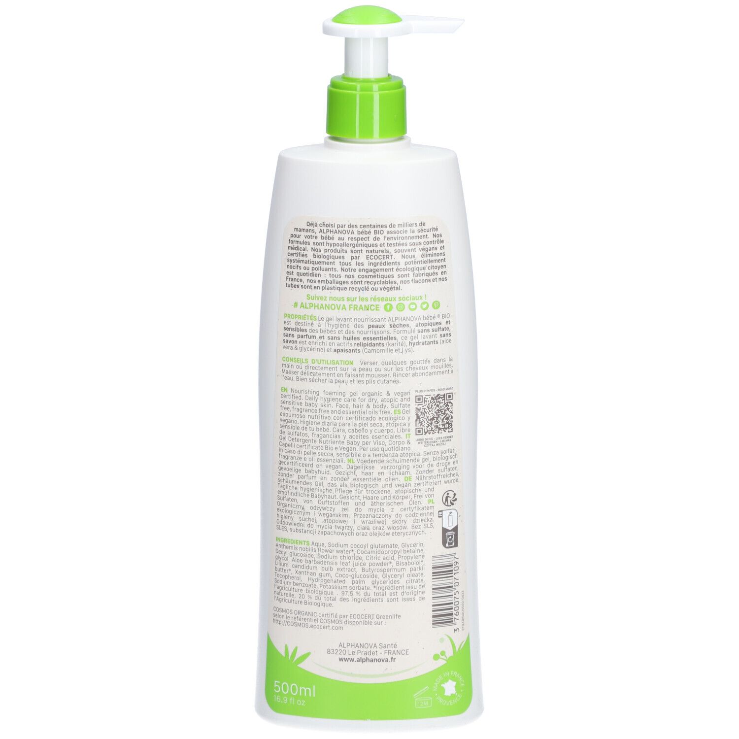 Gel lavant blanc avec pompe verte. Texte sur la bouteille. 500ml. ALPHANOVA Baby.