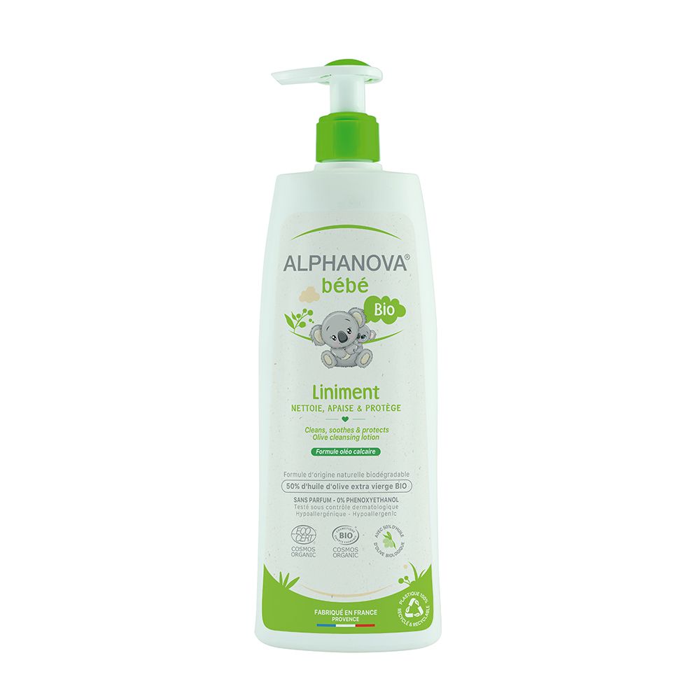 Flacon blanc et vert avec pompe. Inscription ALPHANOVA bébé Bio. Liniment. Certification Bio.