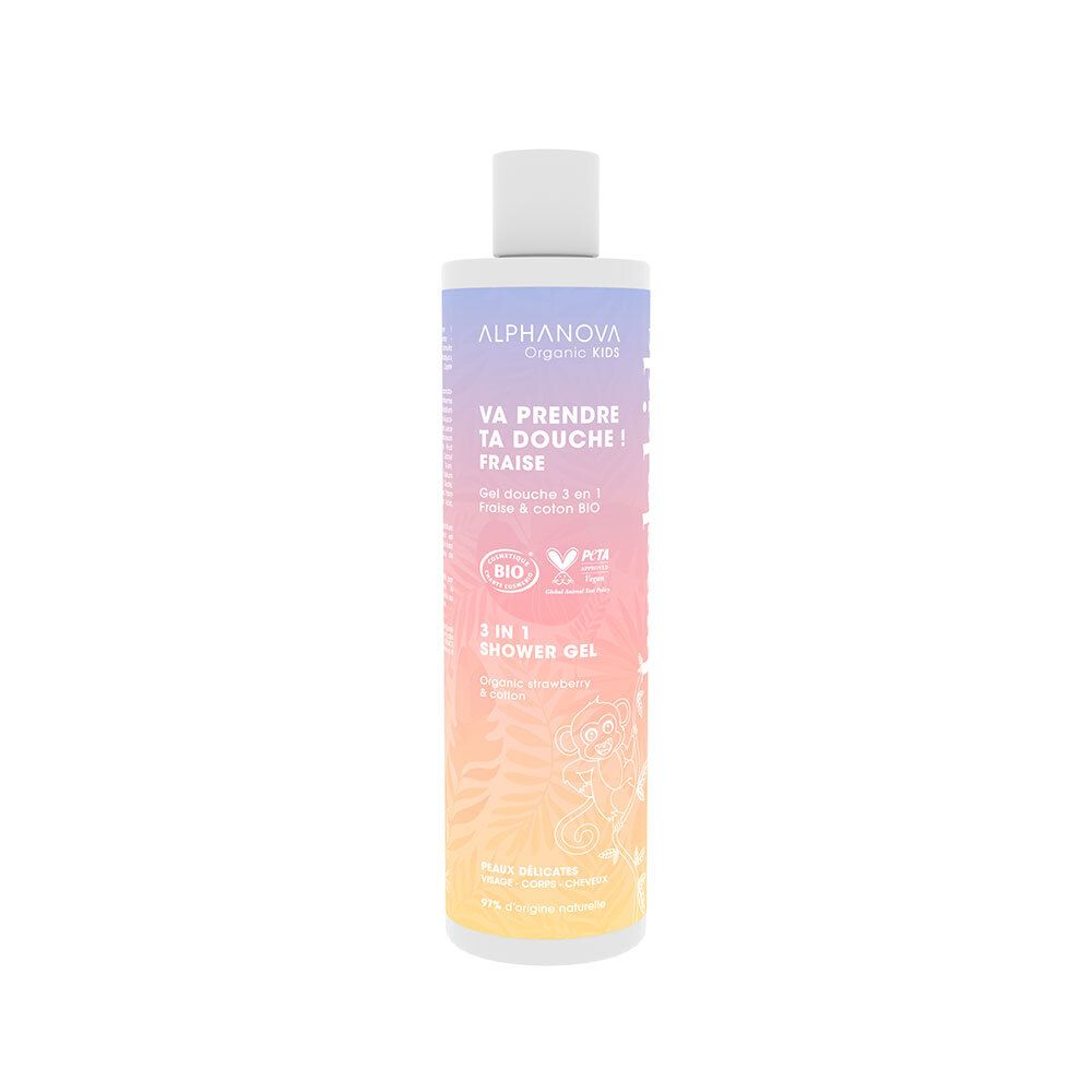 Flacon de gel douche Alphanova Kids. Inscription : Va prendre ta douche ! Fraise. 3 en 1. Certifié bio. Couleur rose et jaune.