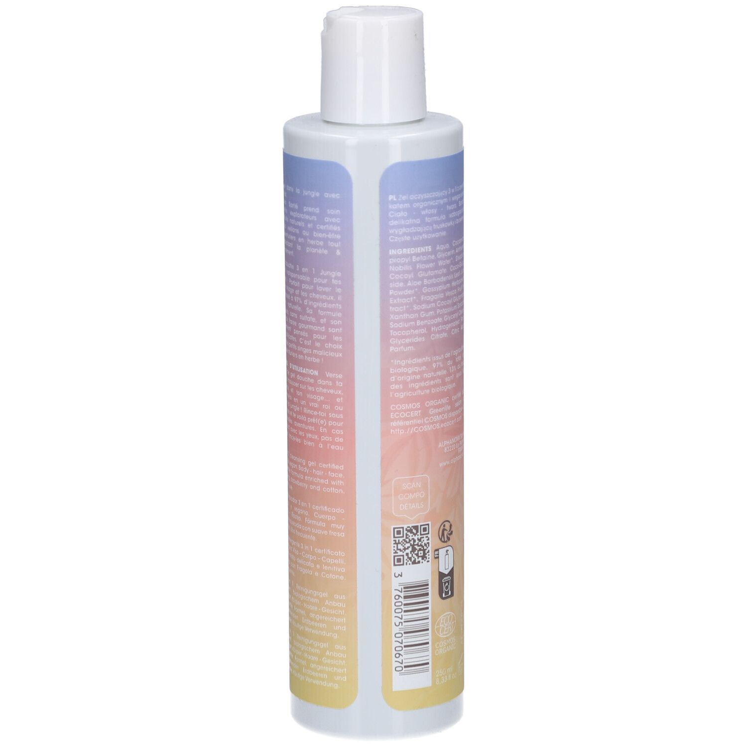 Dos du flacon de gel douche. Texte multilingue. Code QR et autres symboles.