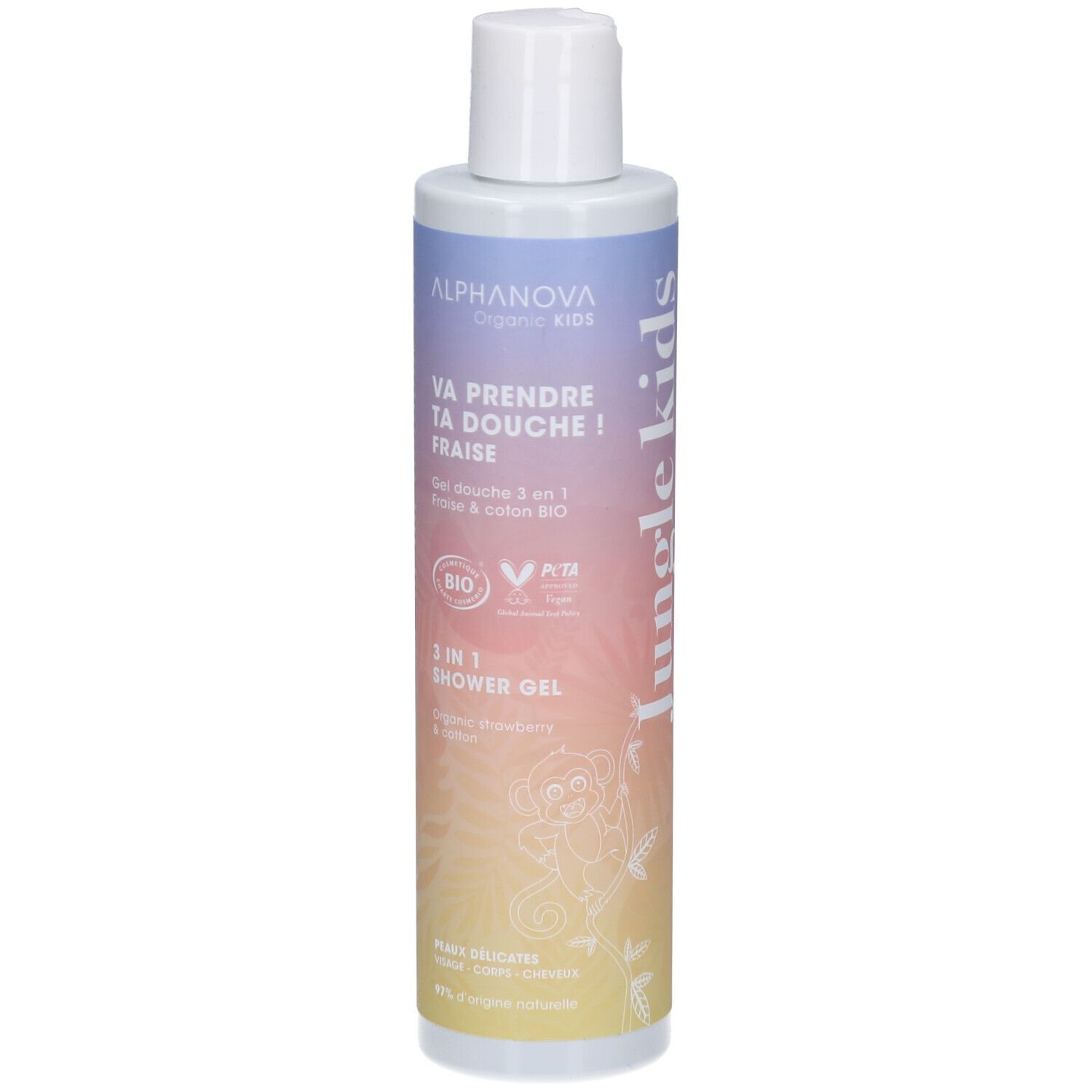 Flacon de gel douche. Inscription: Jungle kids, Va prendre ta douche! Fraise. Certification bio. Bouchon blanc, fond coloré.