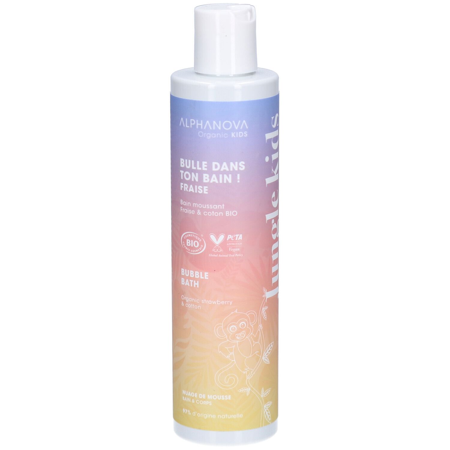 Flacon avec bouchon blanc. Dos avec texte, dégradé bleu-jaune. Logos: Bio, Vegan, PETA.