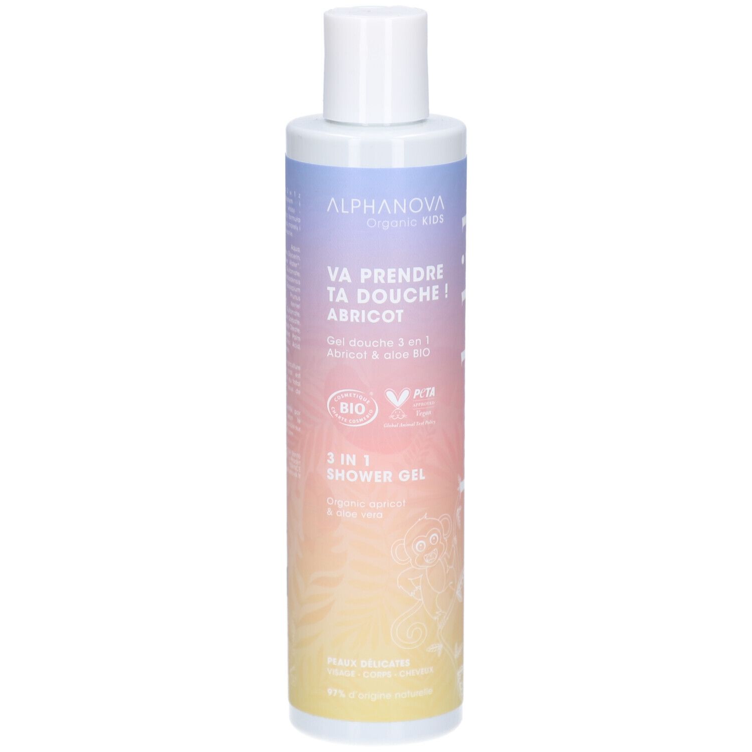 Flacon de gel douche Alphanova Kids, Va prendre ta douche ! Abricot, 3 en 1, Bio. Bouchon blanc.