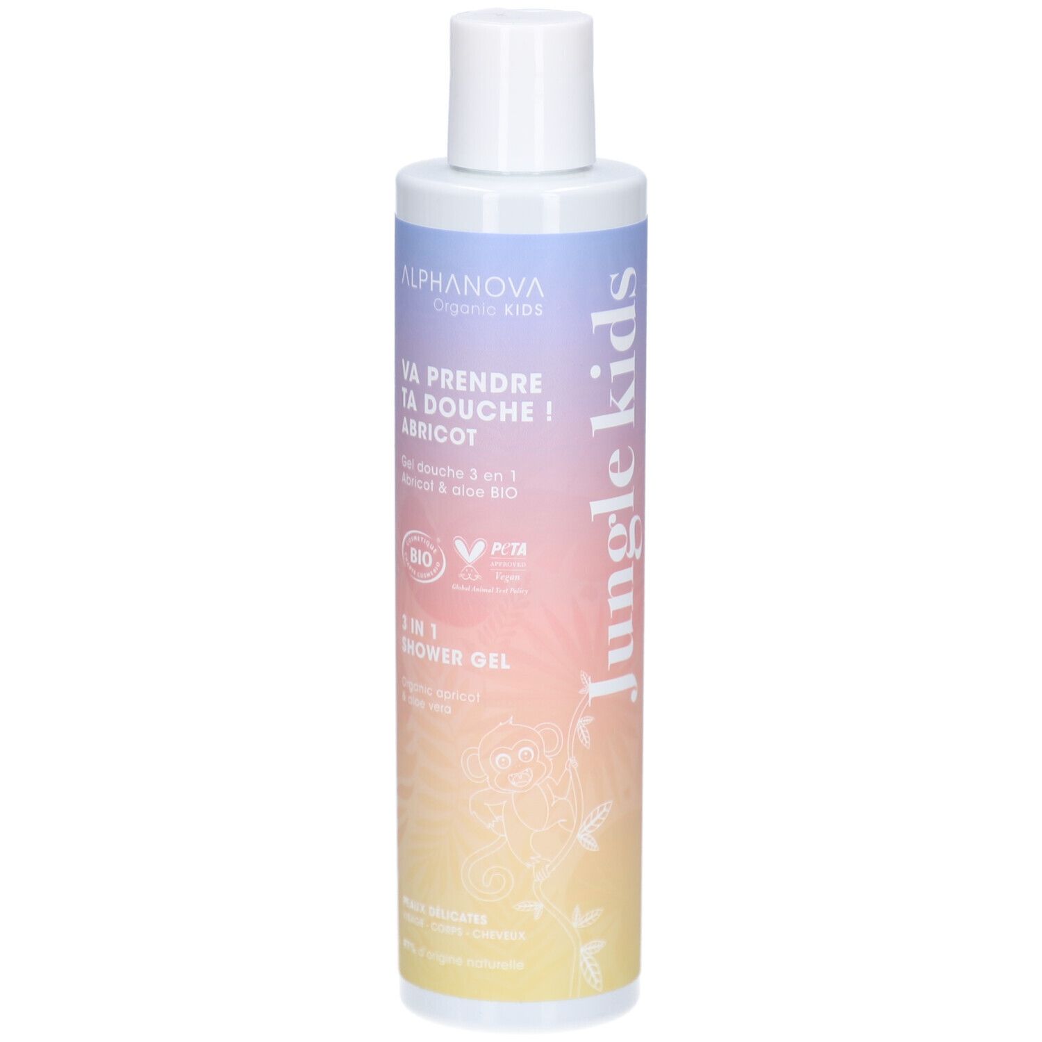 Flacon de gel douche Alphanova Kids, Jungle kids. Bouchon blanc. Illustration de singe.