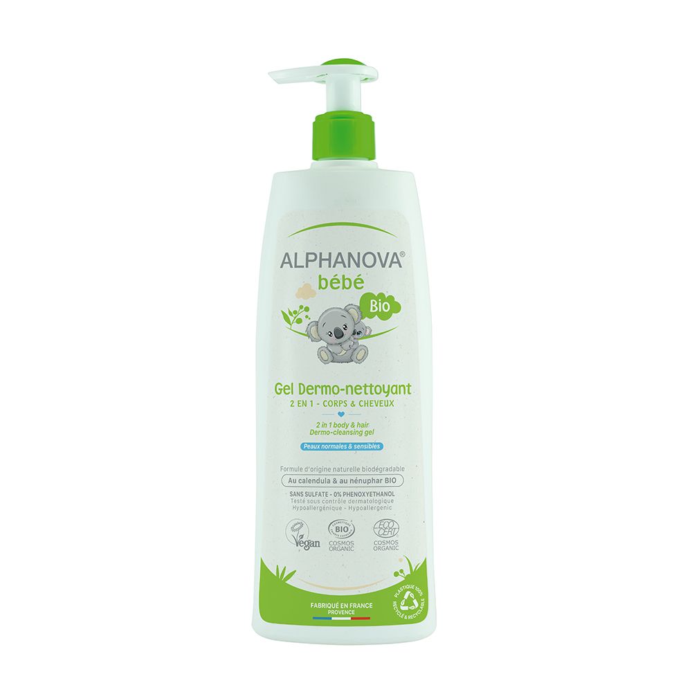 Flacon blanc et vert avec pompe. Inscription ALPHANOVA bébé Bio, Gel Dermo-nettoyant. Certifié bio, label vegan.