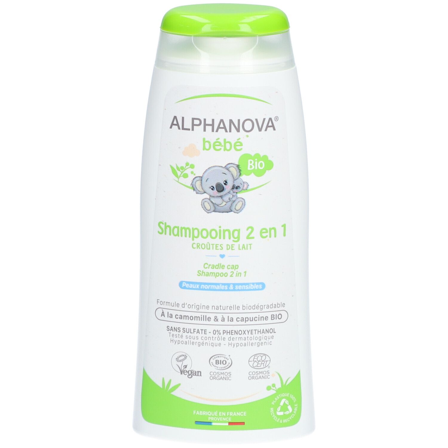 Flacon blanc, bouchon vert. Inscription Alphanova Bébé, Shampooing 2 en 1 Croûtes de lait. Logos bio et vegan.