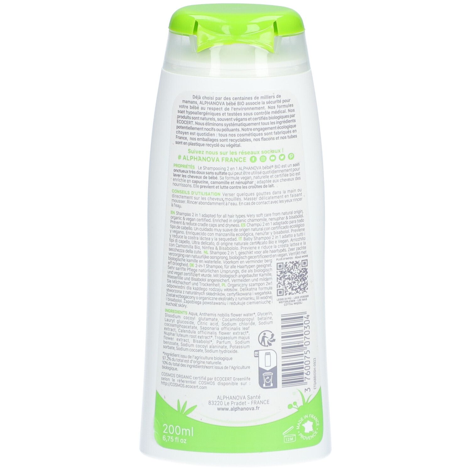 Dos du flacon. Texte: Alphanova Bébé, Shampooing 2 en 1. Ingrédients, code QR, symbole de recyclage, 200ml.