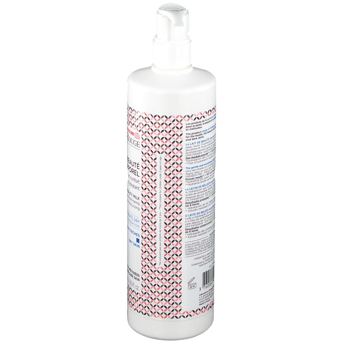 Flacon blanc avec pompe. Dos avec texte et motif. Nom du produit non visible.