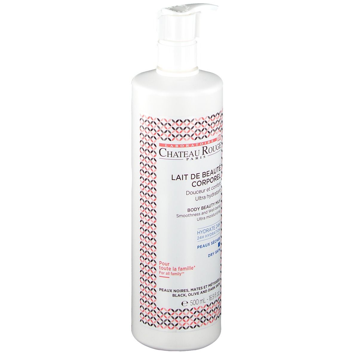 Flacon blanc avec pompe. Inscription: Château Rouge, Lait de Beauté Corporel, Hydrate 24H, Peaux sèches.