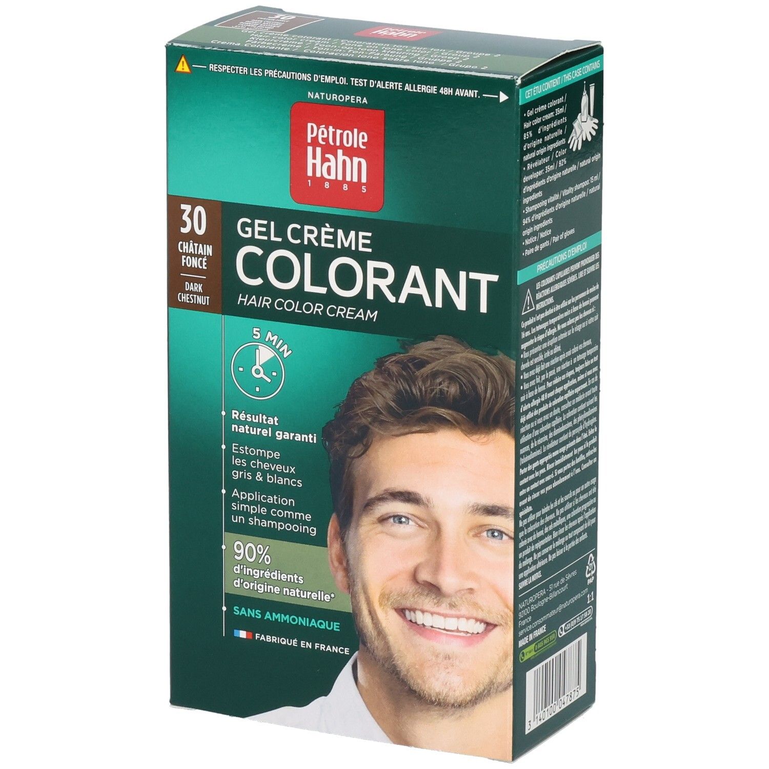 Pétrole Hahn Gel Crème Colorant 30 Châtaigne Force. Arrière avec instructions d'application.