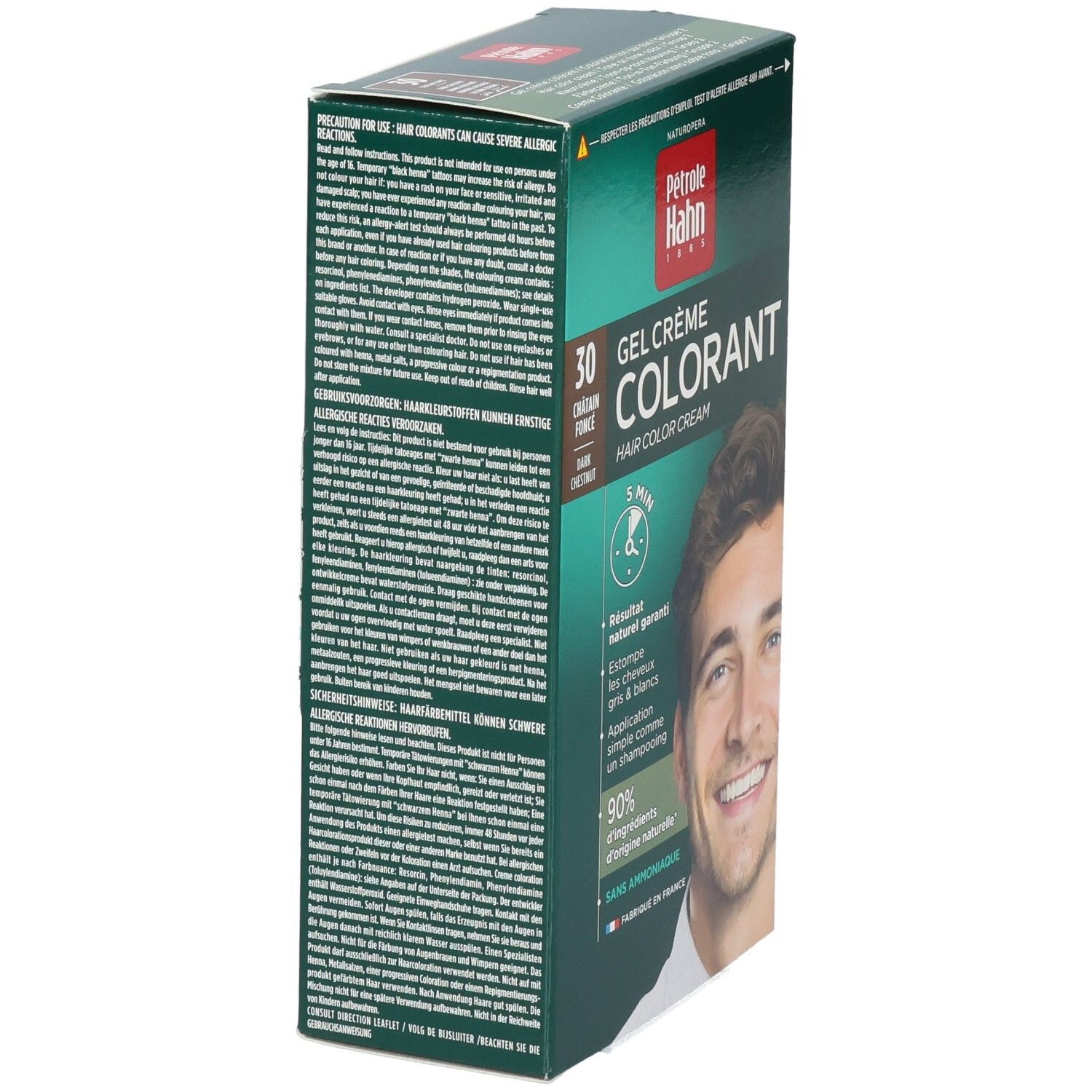 Pétrole Hahn Gel Crème Colorant 30 Châtaigne Force. Vue latérale avec liste des ingrédients.