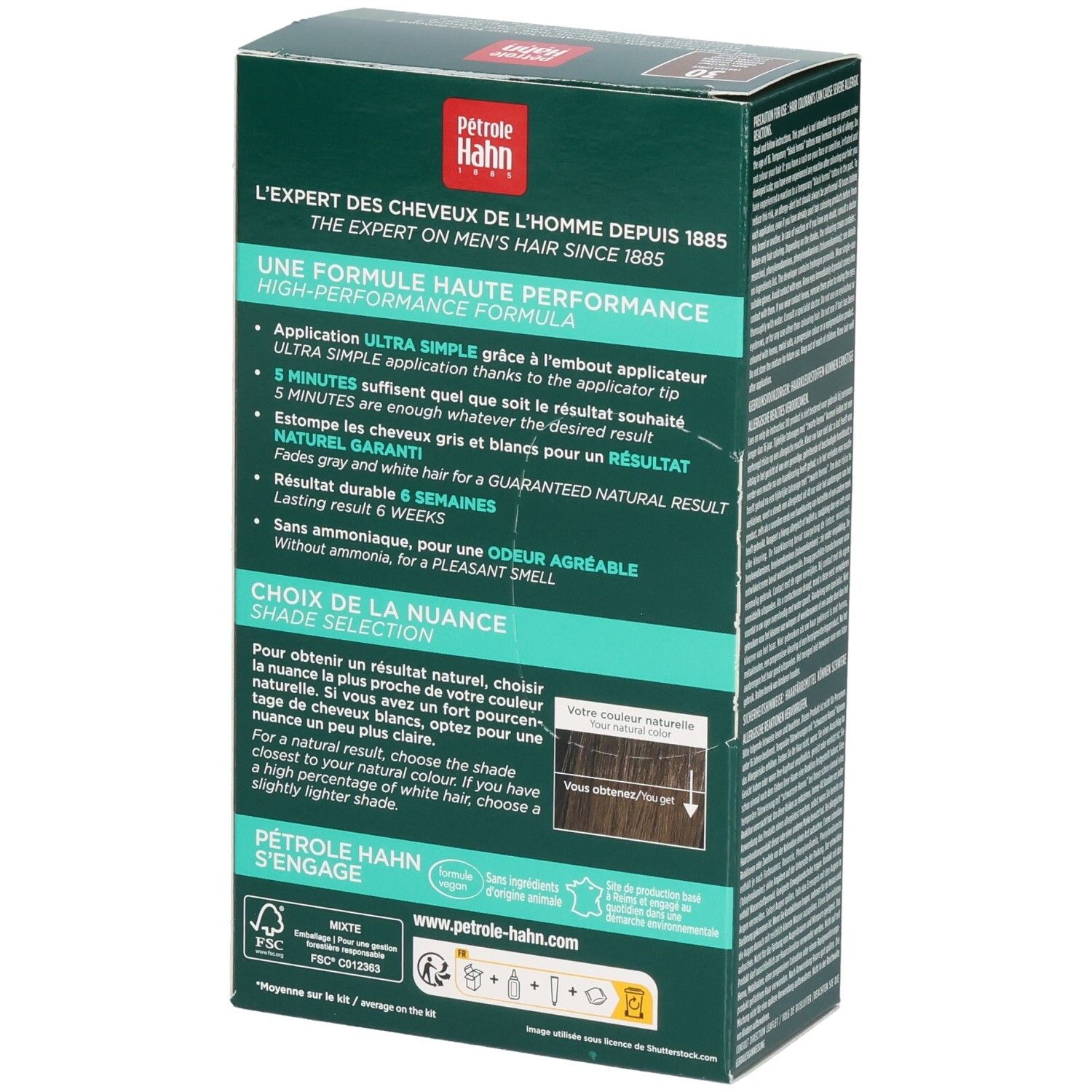 Pétrole Hahn Gel Crème Colorant 30 Châtaigne Force. Arrière avec instructions d'application.