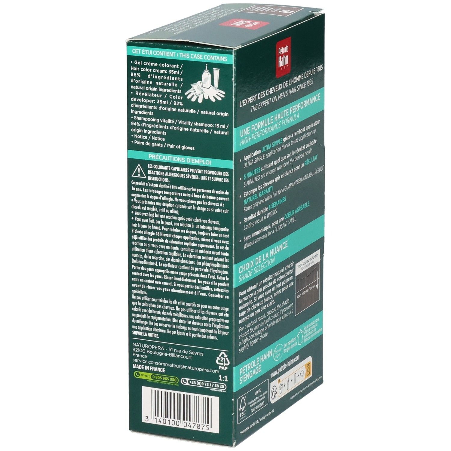 Pétrole Hahn Gel Crème Colorant 30 Châtaigne Force. Vue latérale avec instructions d'application.
