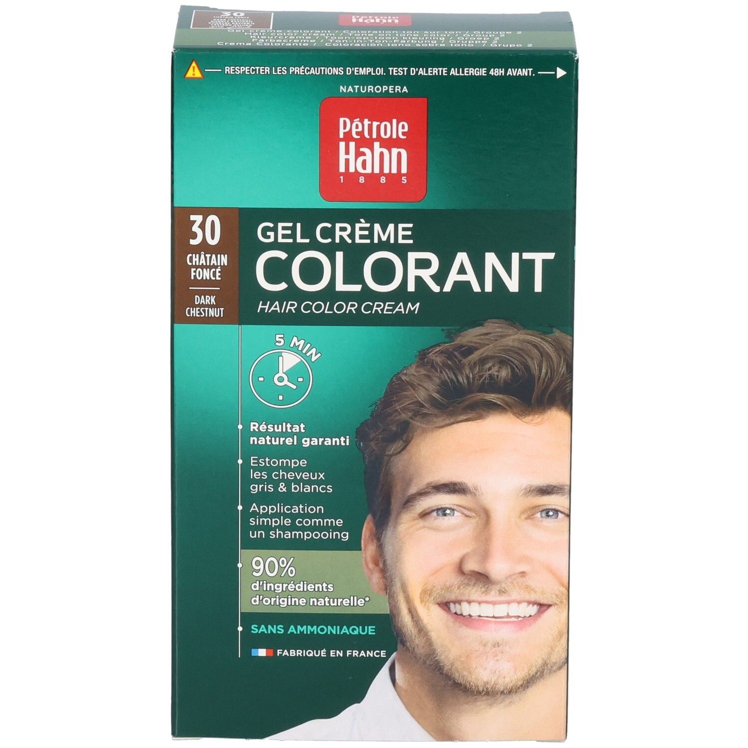Pétrole Hahn Gel Crème Colorant 30 Châtaigne Force. Face avant avec instructions d'application.