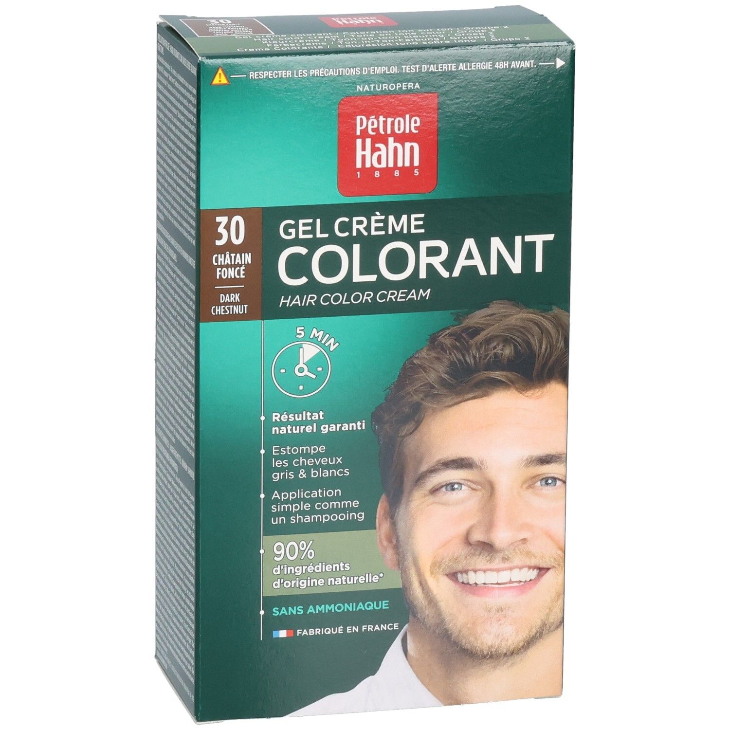 Pétrole Hahn Gel Crème Colorant 30 Châtaigne Force. Face avant avec instructions d'application.