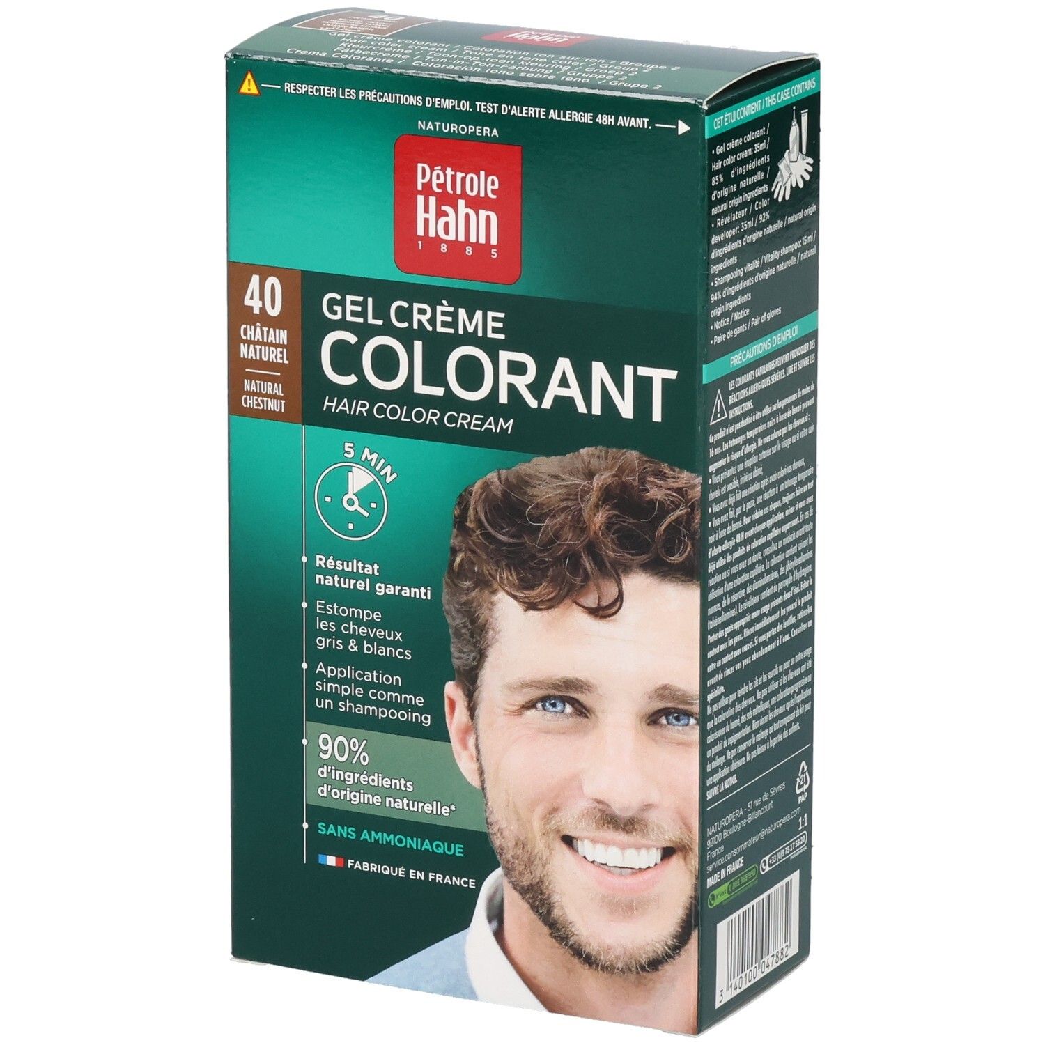 Pétrole Hahn coloration: Kit Gel-Crème, teinte 40 Châtaigne Naturelle. Dos avec informations d'application.