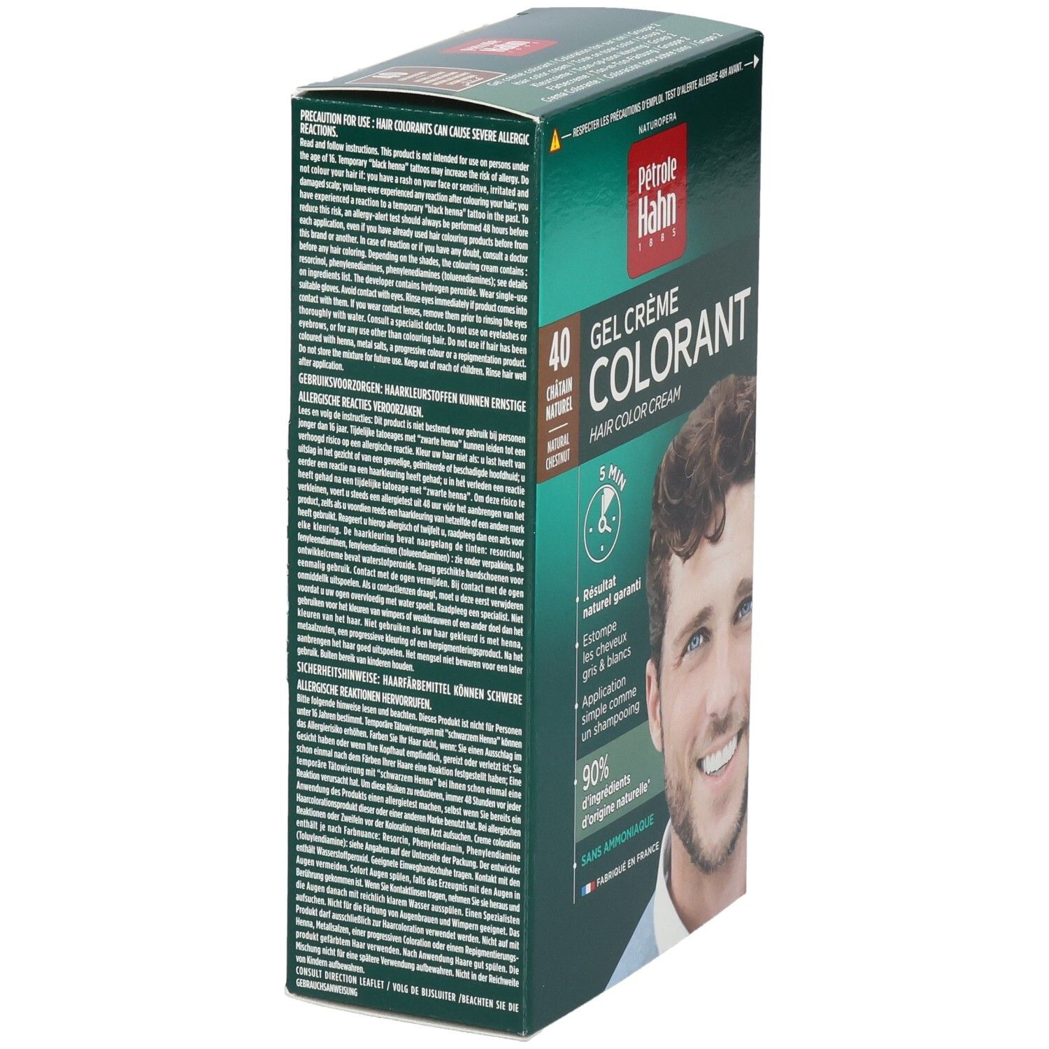 Pétrole Hahn coloration: Kit Gel-Crème, teinte 40 Châtaigne Naturelle. Vue latérale avec instructions d'application.