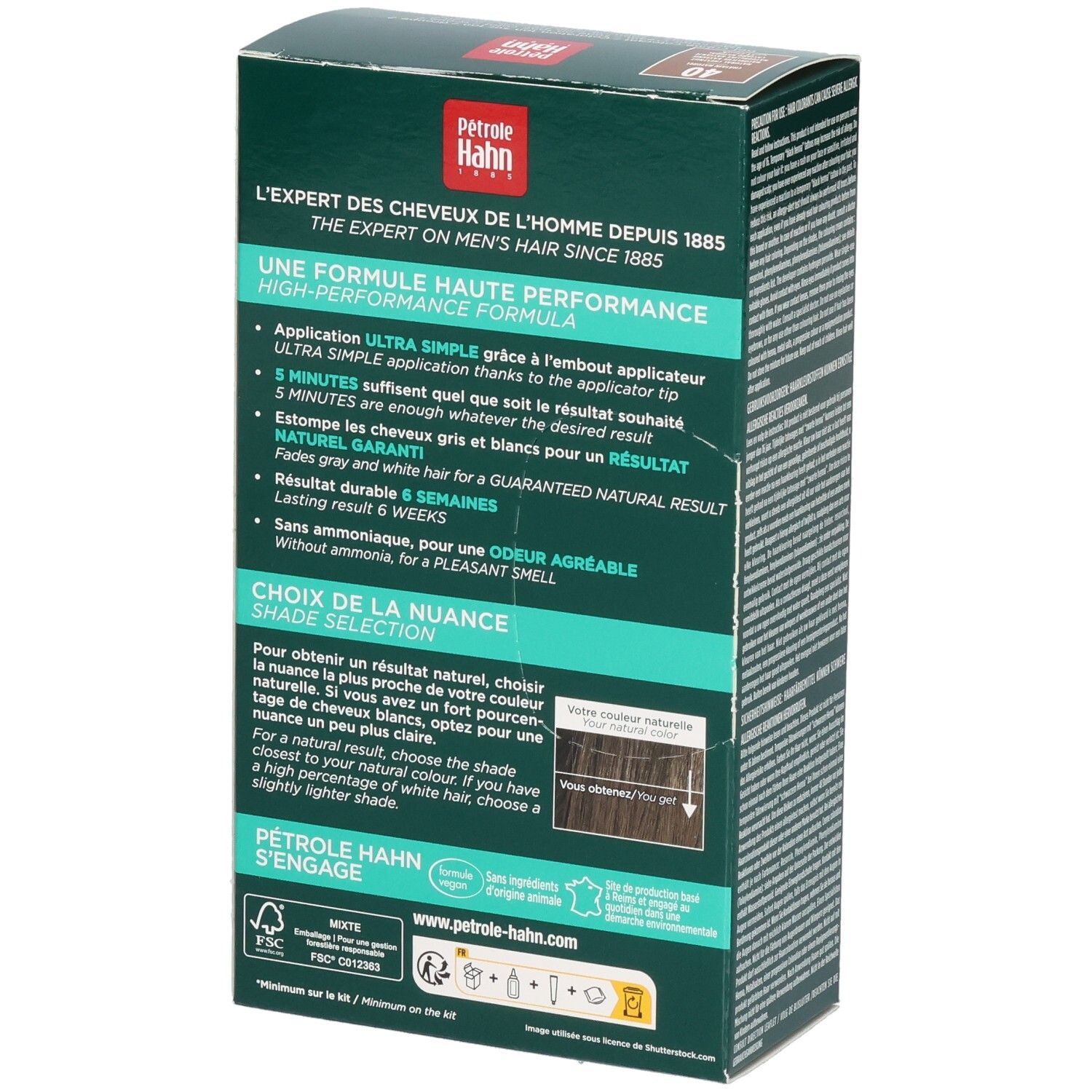 Pétrole Hahn coloration: Kit Gel-Crème, teinte 40 Châtaigne Naturelle. Dos avec avantages produit et sélection de teinte.
