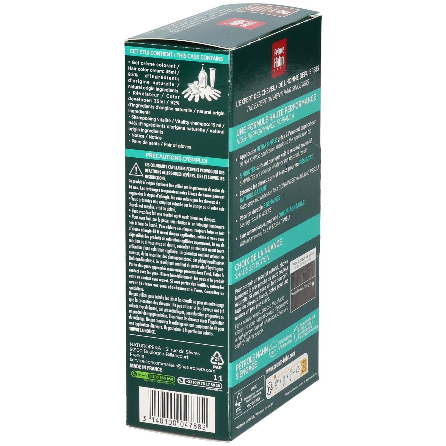 Pétrole Hahn coloration: Kit Gel-Crème, teinte 40 Châtaigne Naturelle. Vue latérale avec contenu et avertissements.