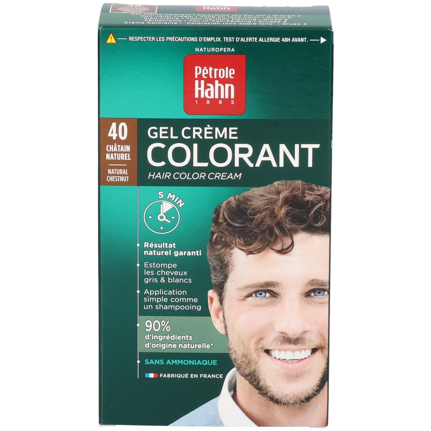 Pétrole Hahn coloration: Kit Gel-Crème, teinte 40 Châtaigne Naturelle. Façade avec image produit et détails.