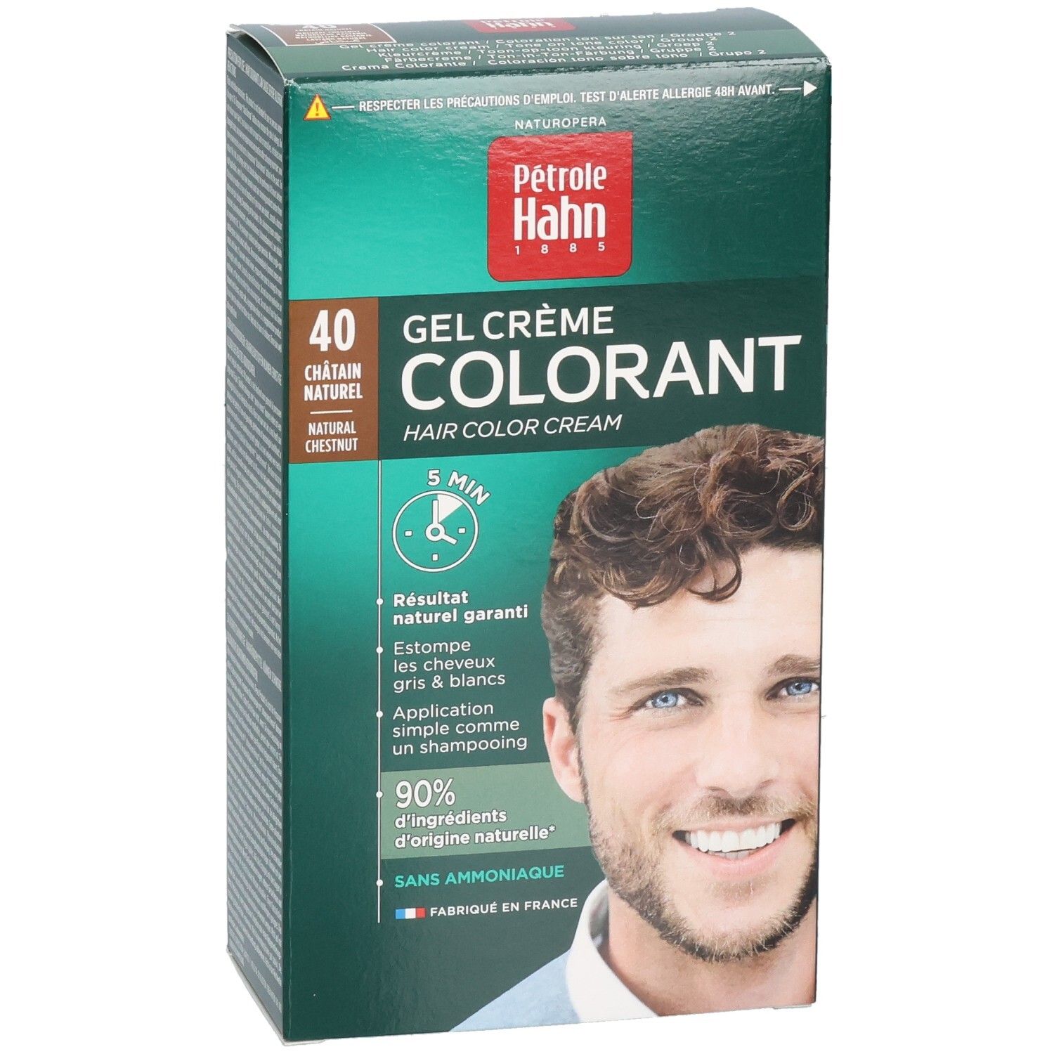 Pétrole Hahn coloration: Kit Gel-Crème, teinte 40 Châtaigne Naturelle. Façade avec image produit et détails.