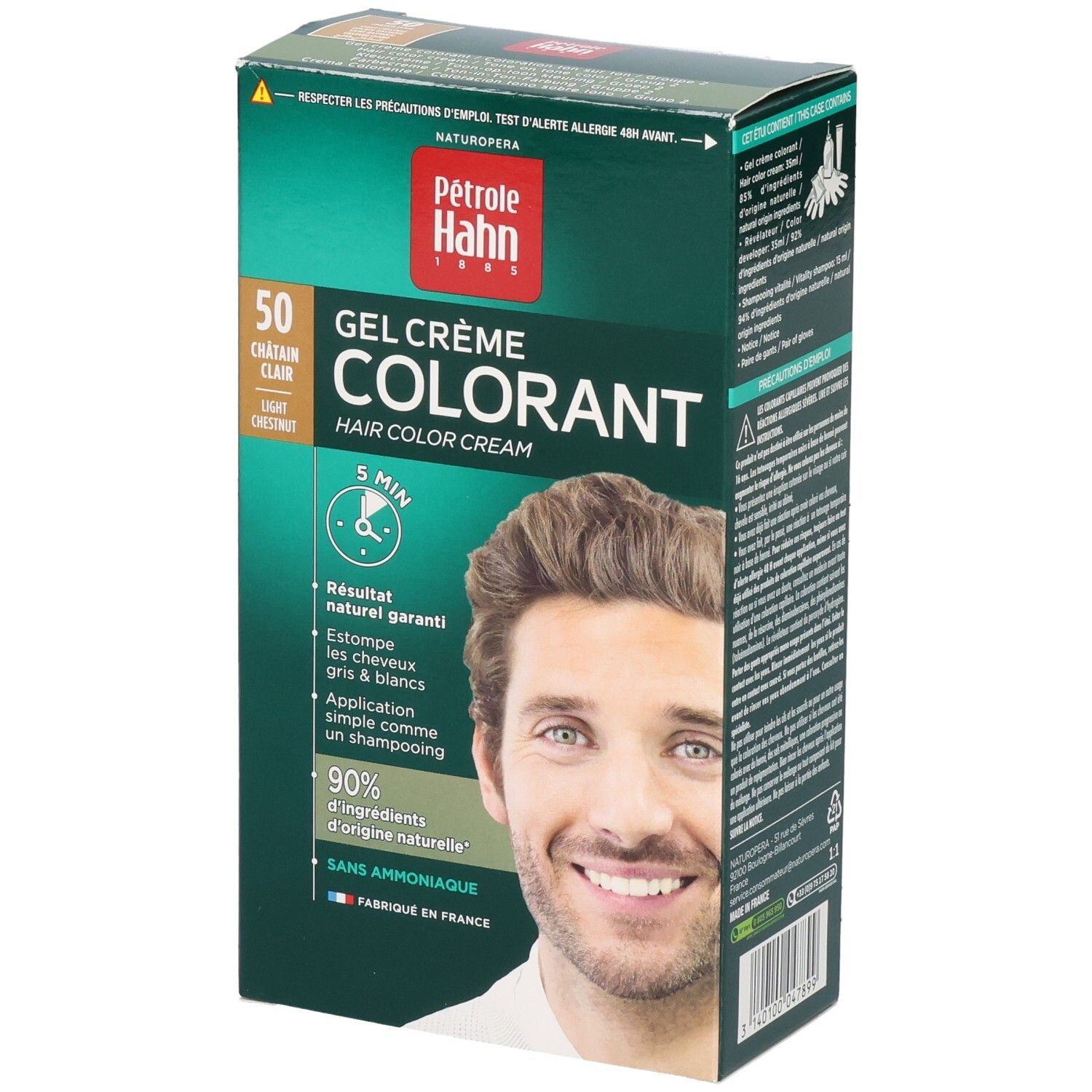 Pétrole Hahn Kit Gel Crème Colorant, 50 Châtain Clair. Coloration pour hommes.