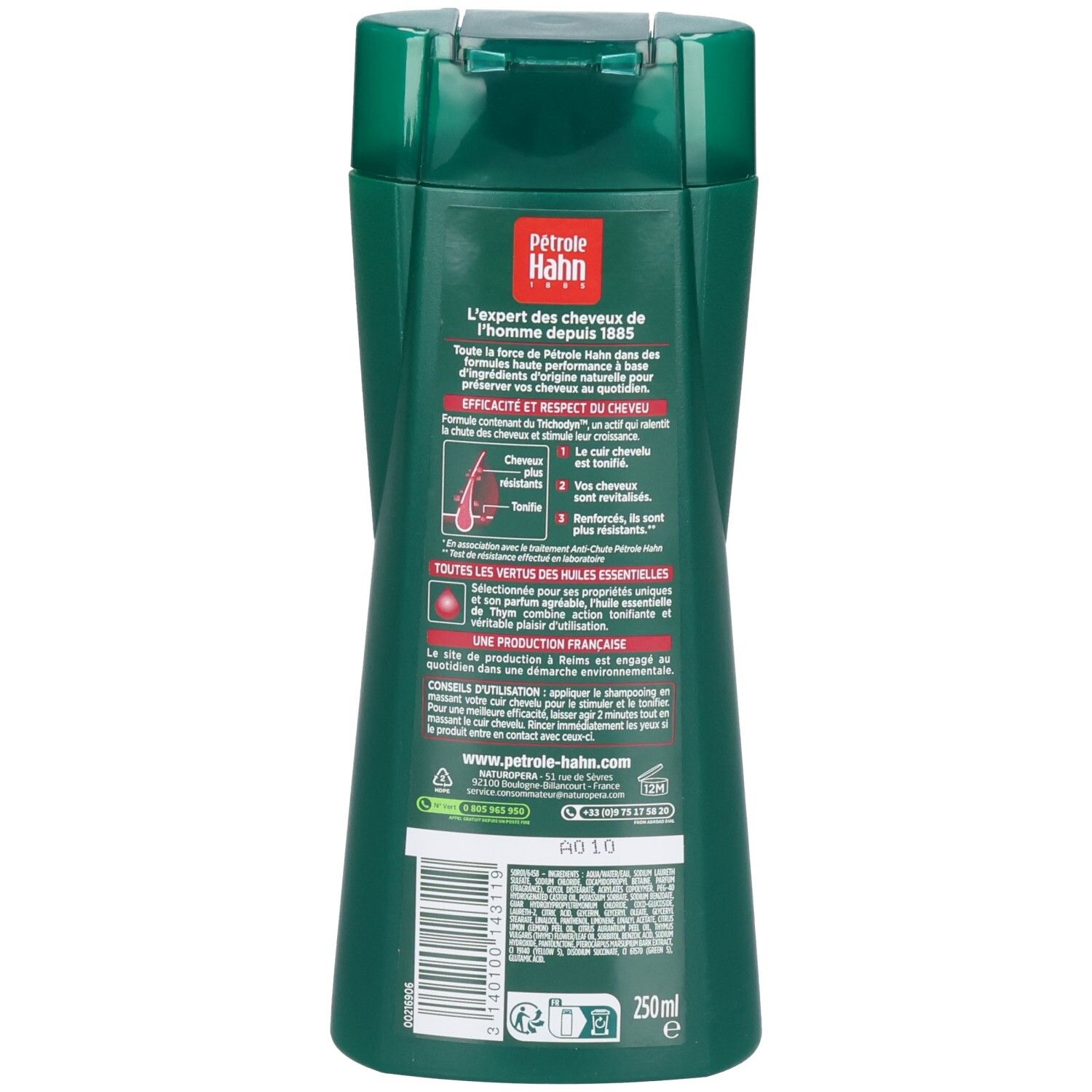 Dos du flacon de Shampoing Anti-Chute Petrole Hahn avec informations détaillées sur le produit et code-barres.