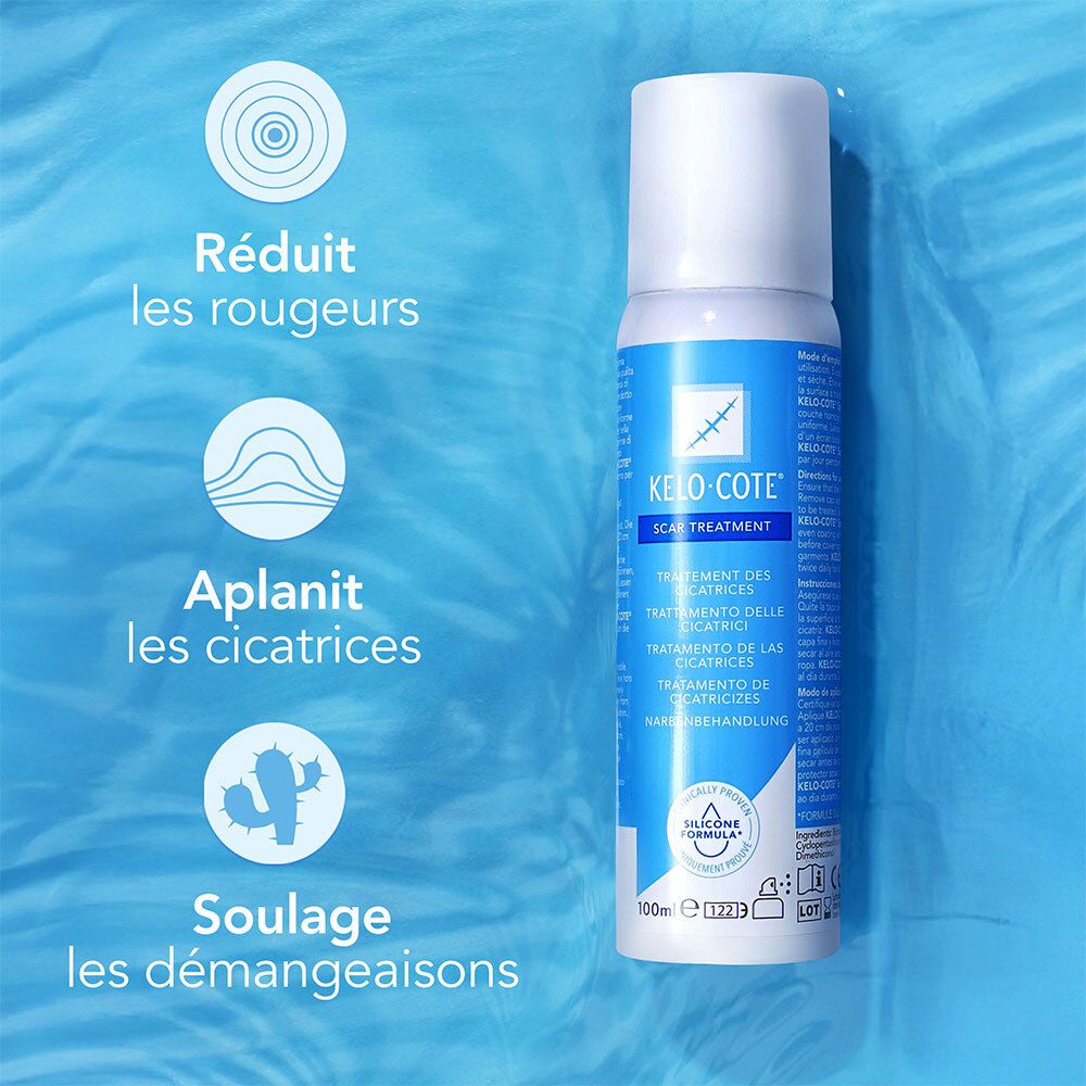 Spray KELO-COTE®. Réduit les rougeurs, aplatit les cicatrices, soulage les démangeaisons. Fond bleu.