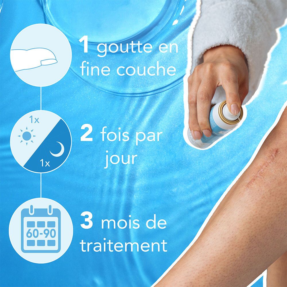Application : 1 goutte, 2 fois par jour, 3 mois de traitement. Jambe avec cicatrice.