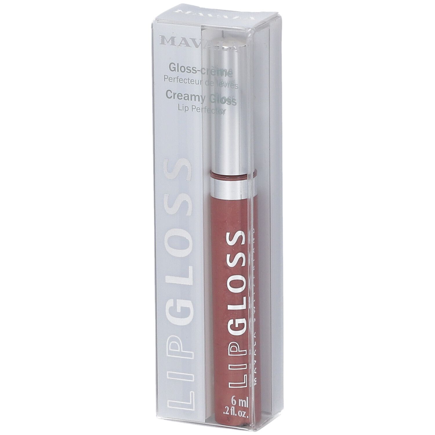 Gloss à lèvres dans un emballage transparent. Nom du produit et volume visibles. Teinte : Trüffel.