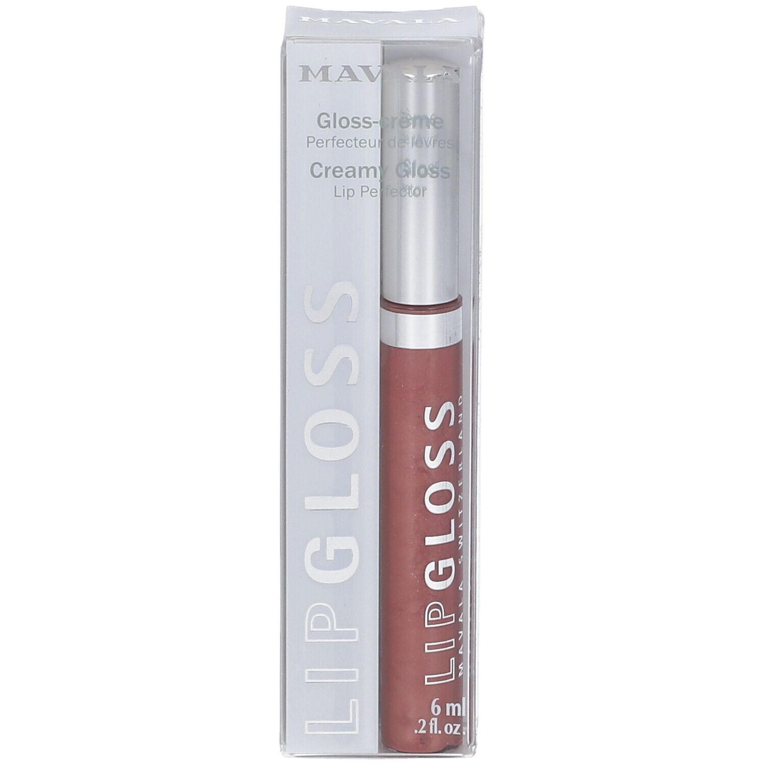 Gloss à lèvres en emballage transparent. Nom du produit et volume visibles. Teinte : Trüffel.