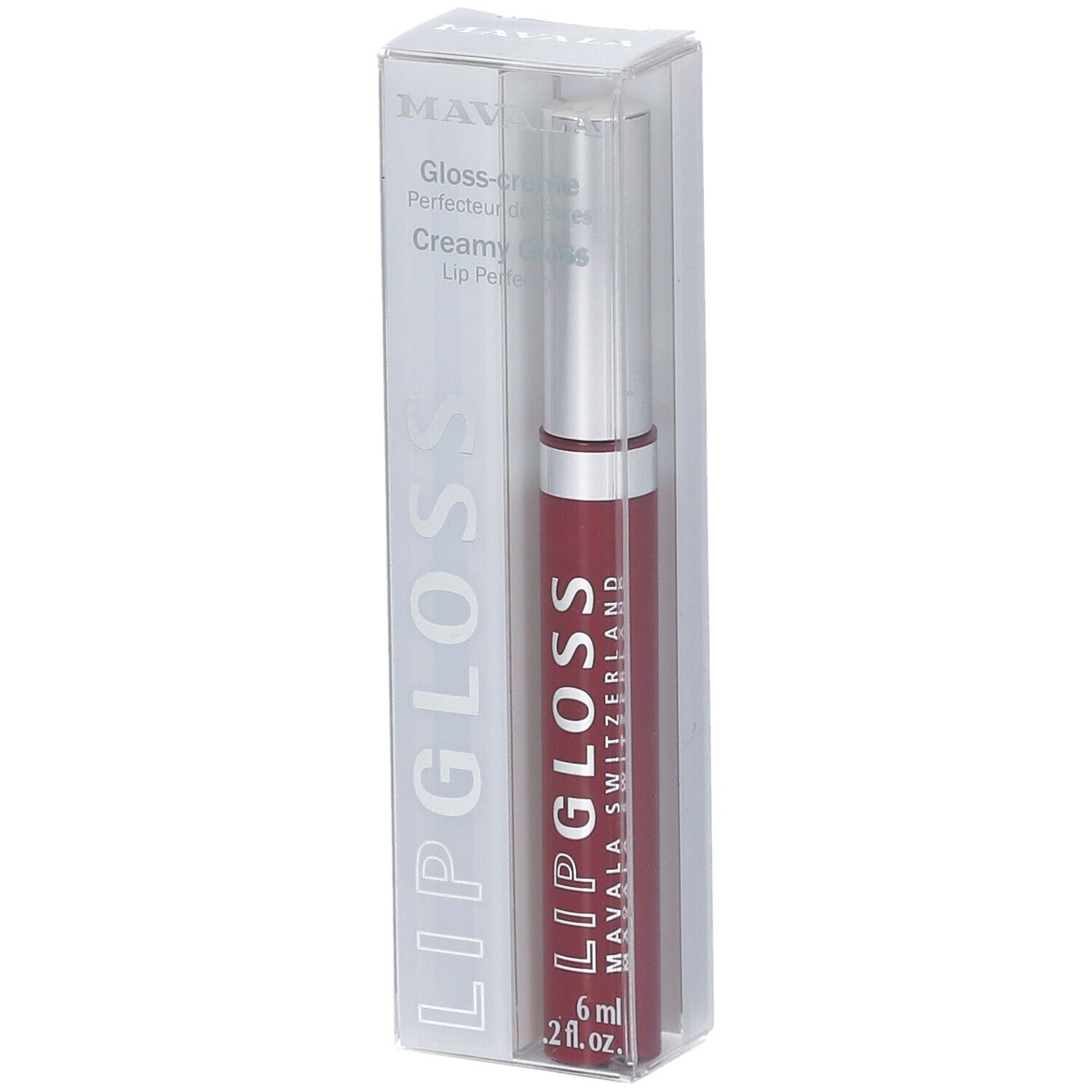 Gloss à lèvres dans un emballage transparent. Le produit porte l'inscription "LIP GLOSS" et "MAVALA SWITZERLAND".