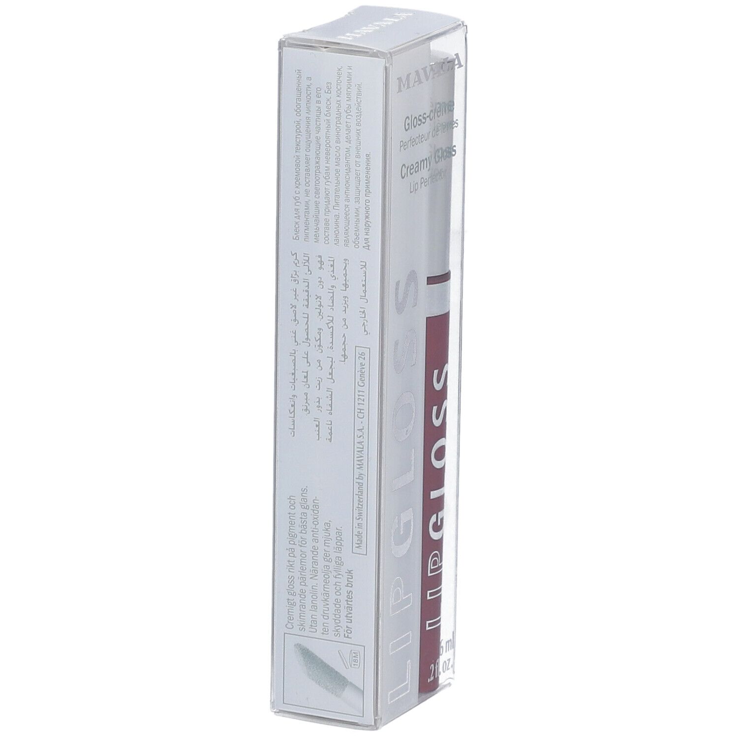 Dos de l'emballage du gloss à lèvres avec texte. L'emballage porte l'inscription "LIP GLOSS".