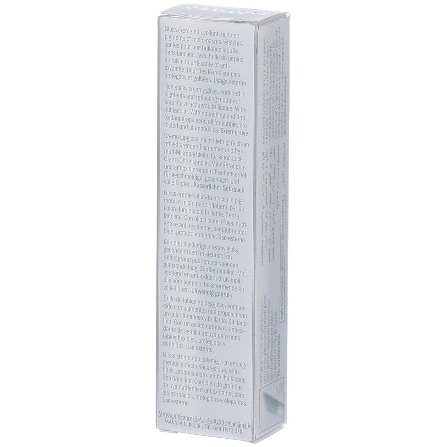 Gros plan sur l'emballage du gloss à lèvres avec texte. L'emballage contient du texte en plusieurs langues.