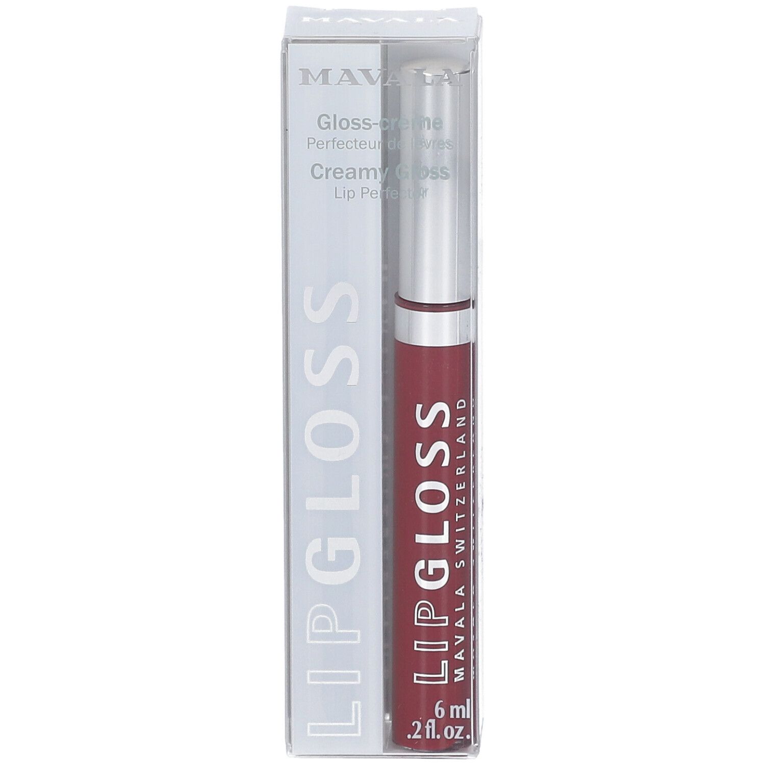 Gloss à lèvres dans un emballage transparent. Le produit porte l'inscription "LIP GLOSS" et "MAVALA SWITZERLAND".