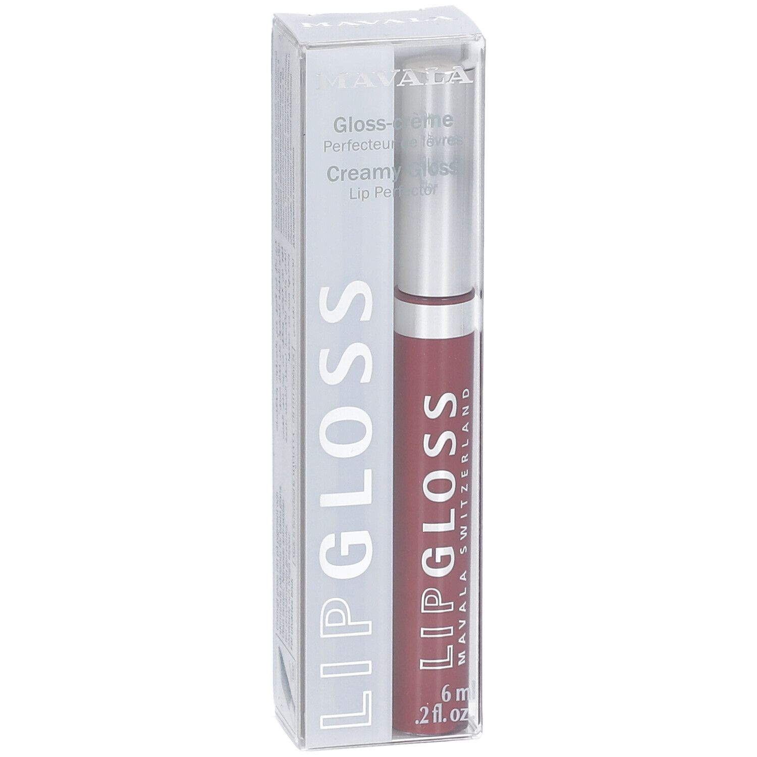 Gloss à lèvres dans un emballage transparent. Le produit porte l'inscription "LIP GLOSS" et "MAVALA SWITZERLAND".