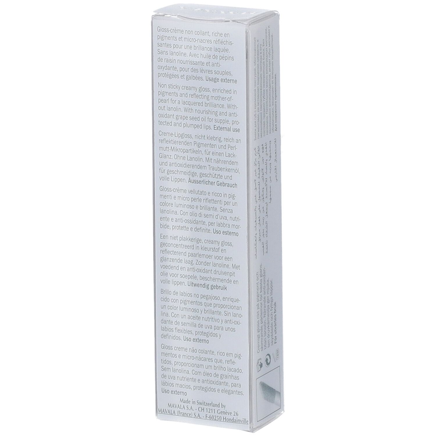 Dos de l'emballage du lipgloss MAVALA Tiramisu. Texte.