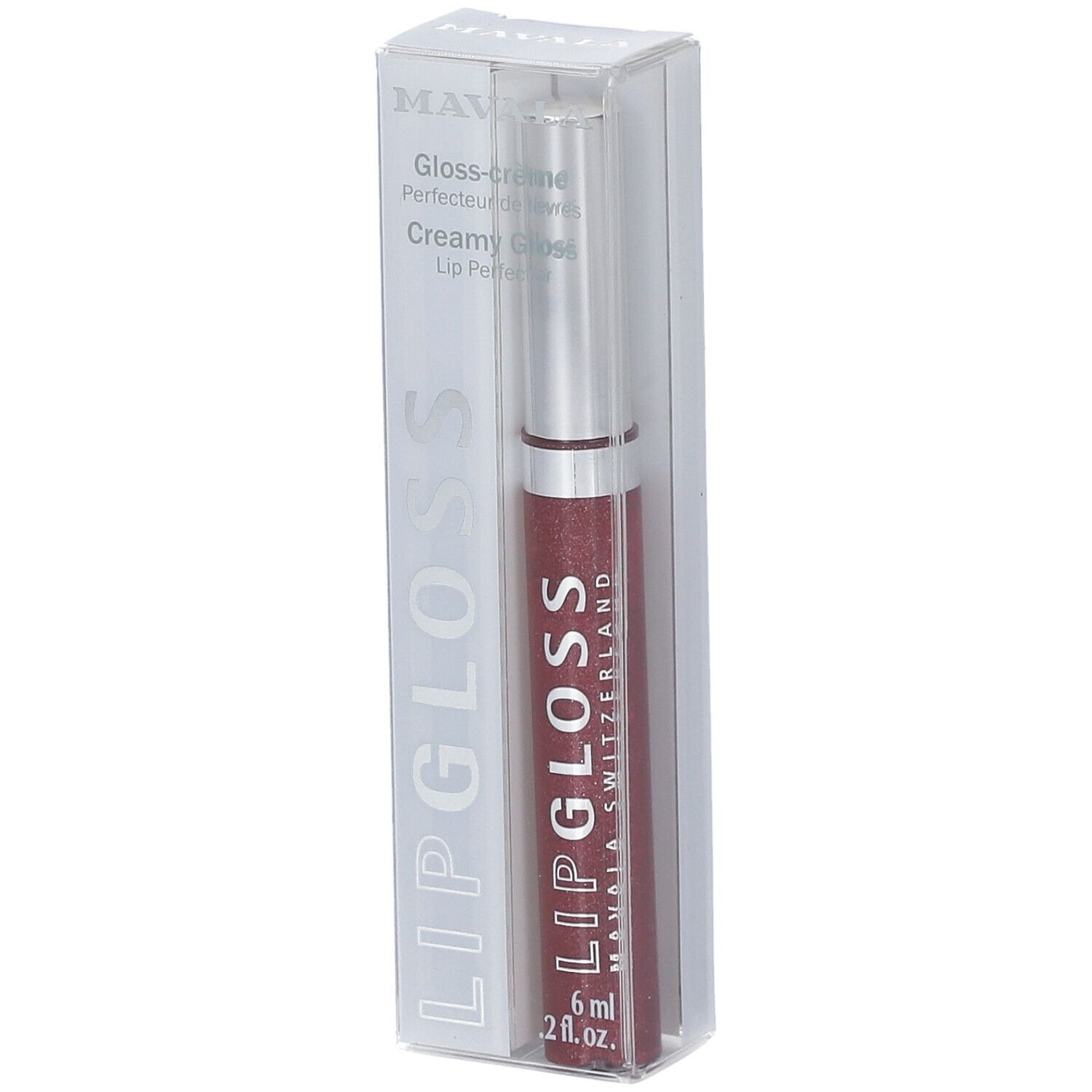 Gloss à lèvres dans un emballage transparent. Applicateur argenté, contenu rouge. Inscription : LIP GLOSS, MAVALA SWITZERLAND.