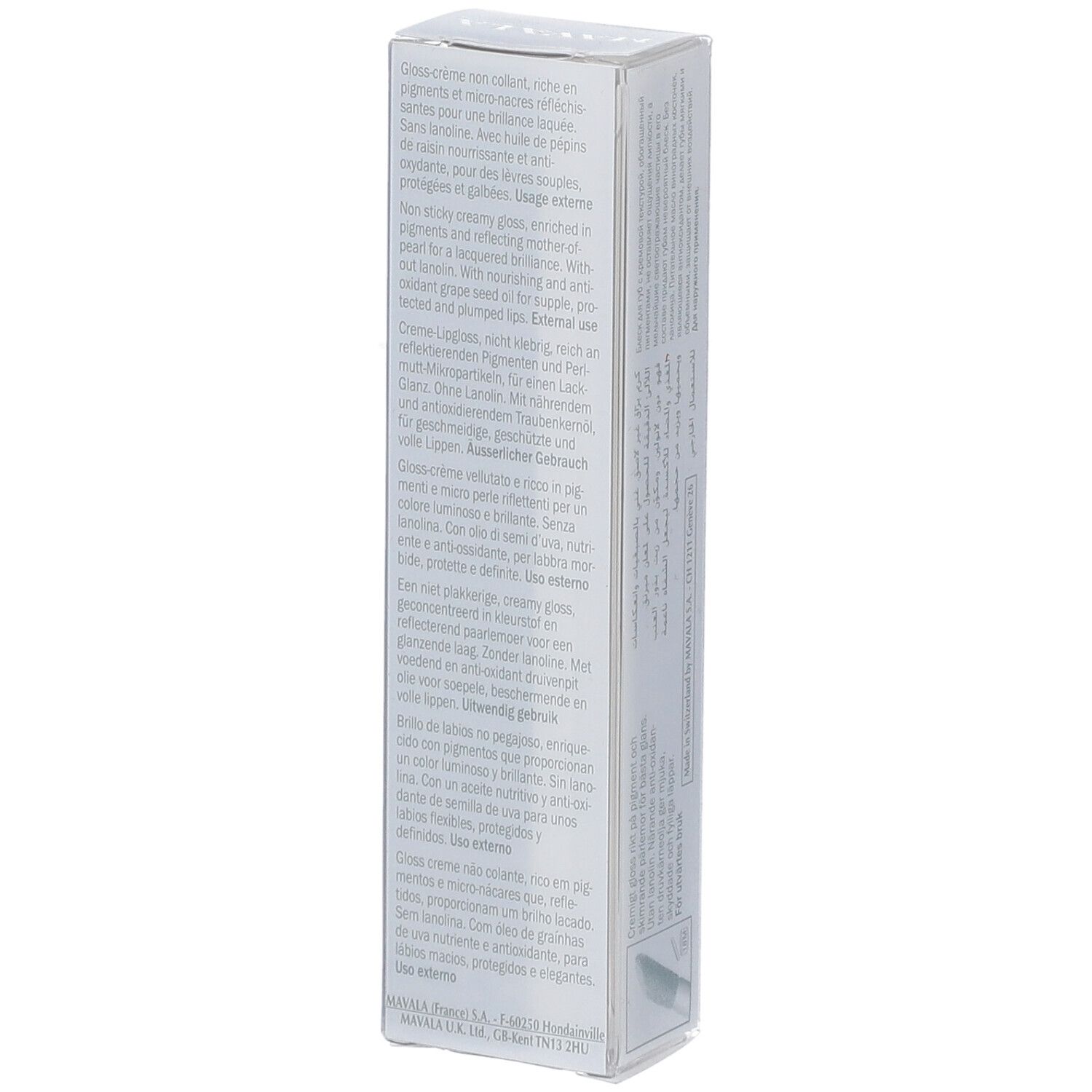 Boîte avec texte. Inscription: MAVALA. Contient du texte en plusieurs langues. Texte gris sur fond blanc. Gros plan.