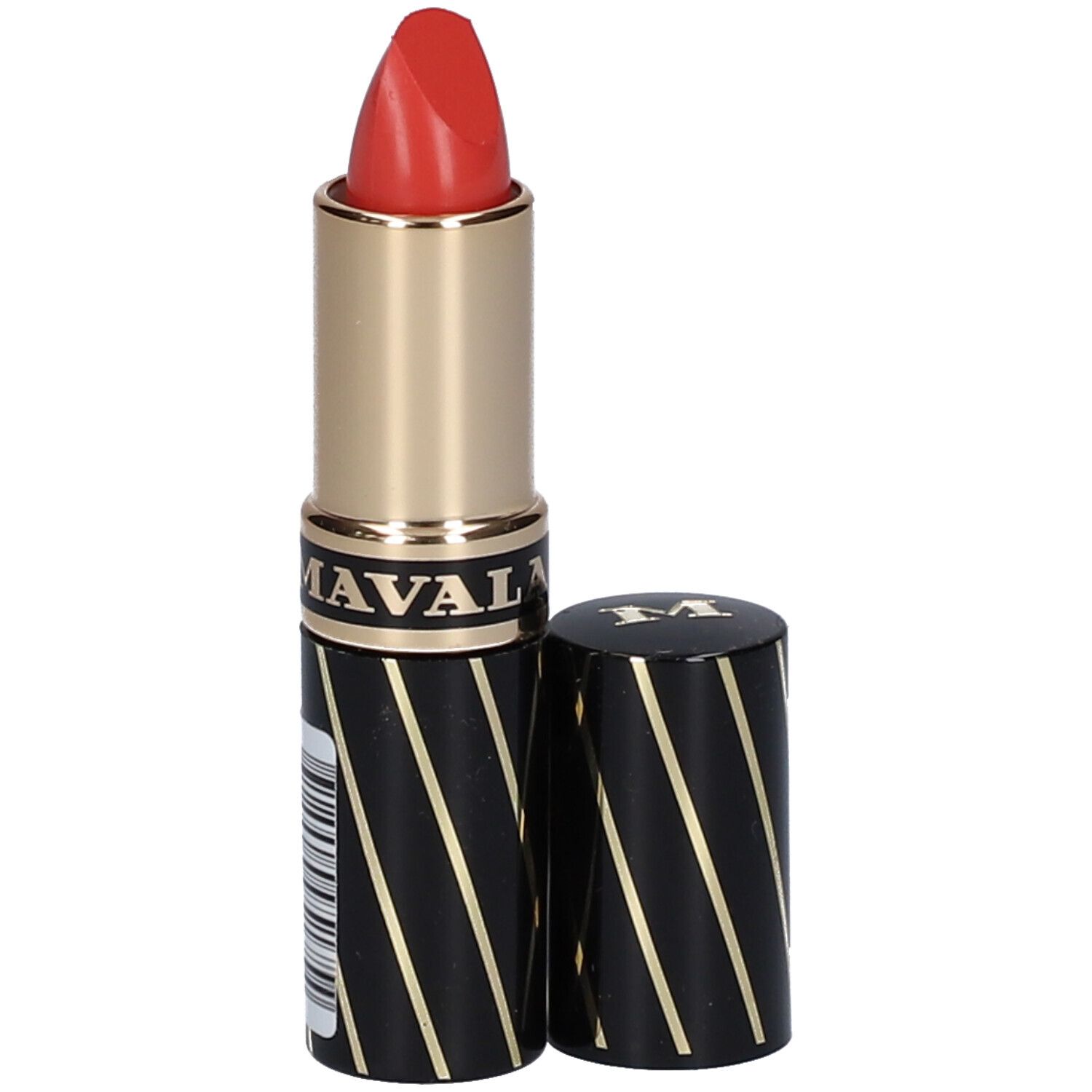 Rouge à lèvres rouge. Étui noir à rayures dorées et logo. Capuchon à côté.