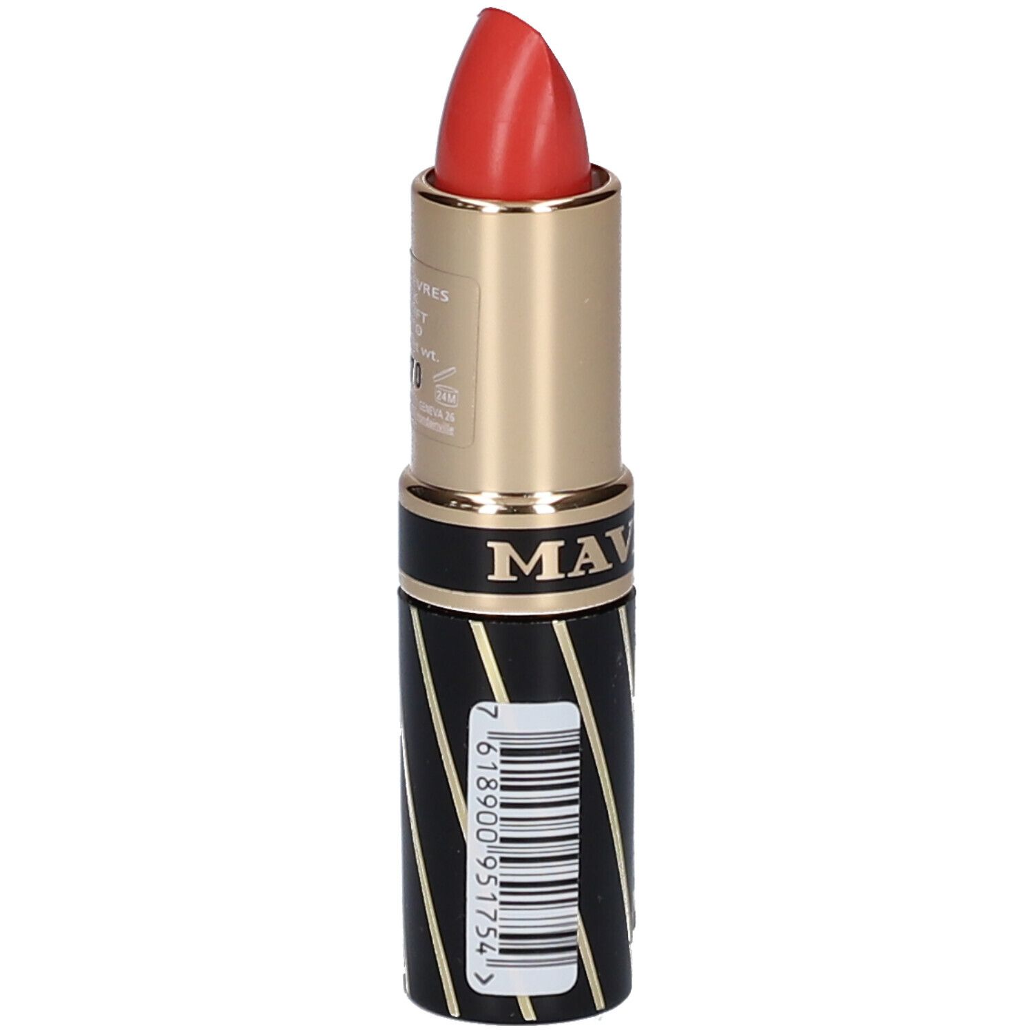 Rouge à lèvres rouge. Étui noir à rayures dorées et logo. Code-barres visible.