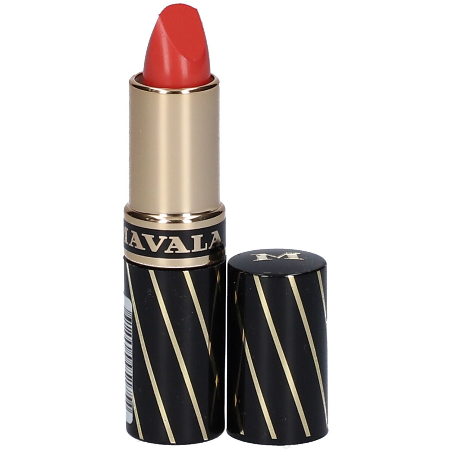 Rouge à lèvres rouge. Étui noir à rayures dorées et logo. Capuchon à côté.